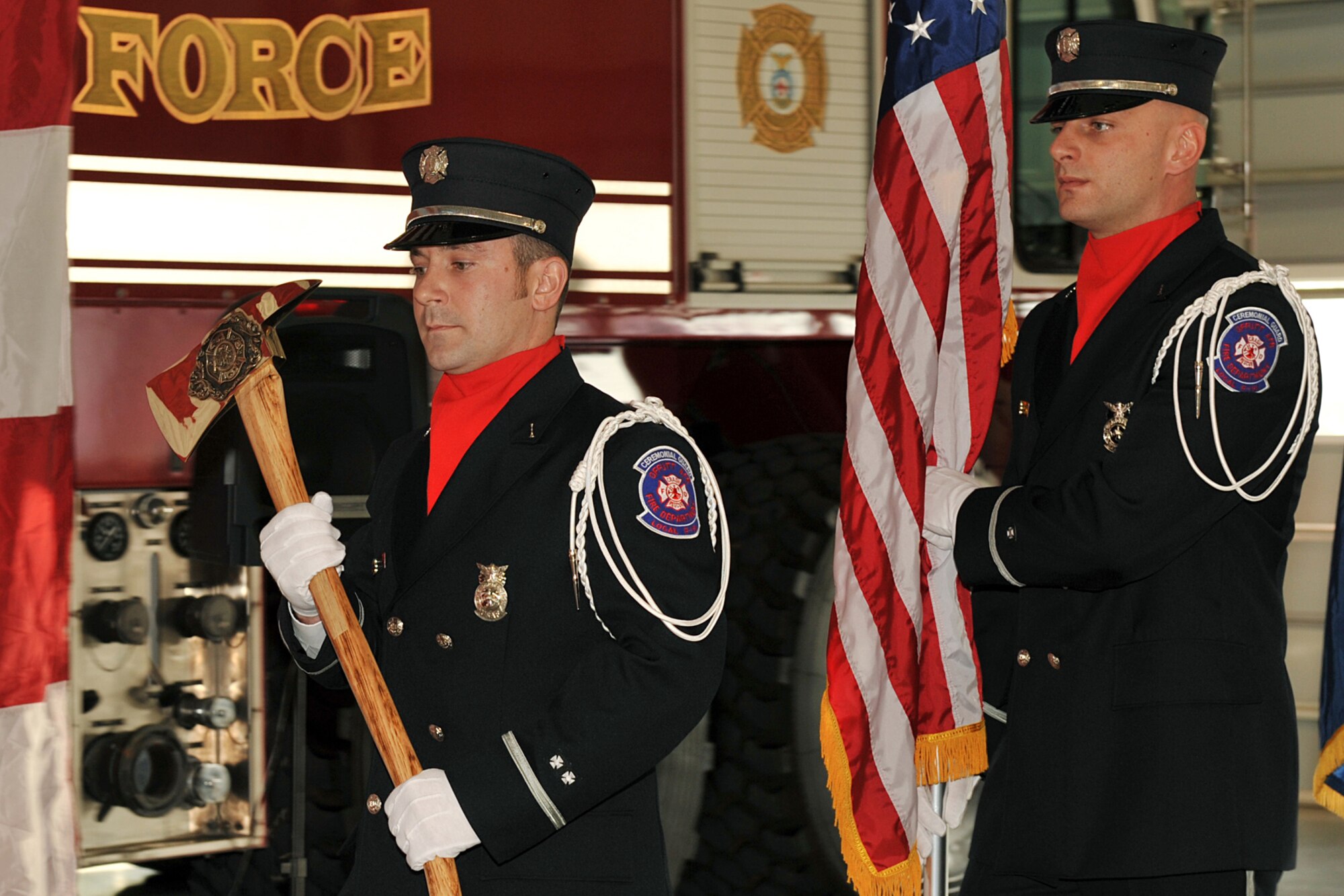 OFFUTT AIR FORCE BASE, Neb. - Offutt's Firefighter Ceremonial Guard lines up to post the colors in celebration of Chief Robin Gullie's retirement ceremony Dec. 12.  (Photo By: Charles Haymond).  