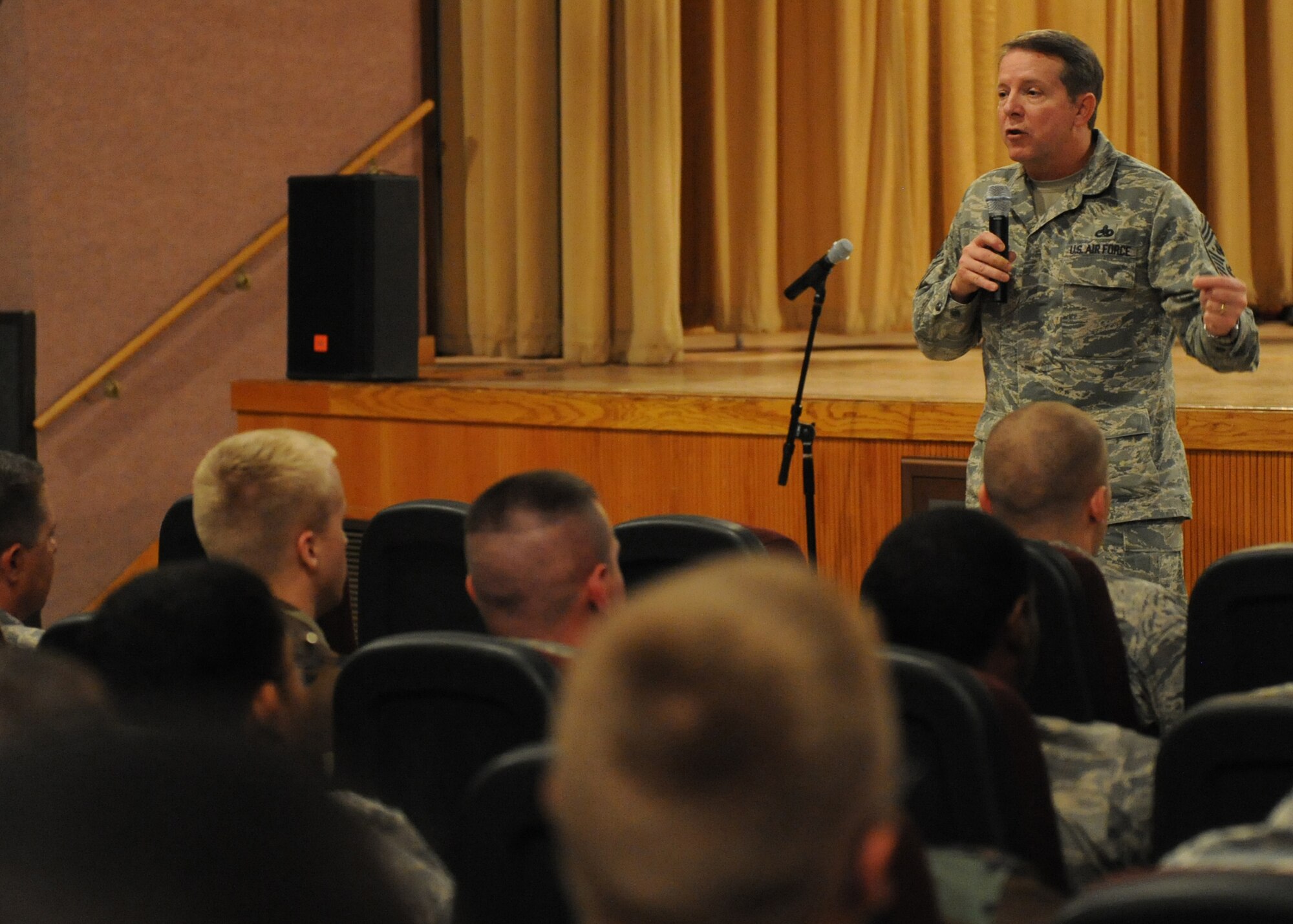 Chief Master Sgt. of the Air Force Rodney J. McKinley speaks with Airmen from the 49th Fighter Wing during an enlisted call at Holloman Air Force Base, N.M., Dec. 9. Chief McKinley toured all three New Mexico bases to familiarize himself with the people and missions of Holloman, Kirtland and Cannon AFB. (U.S. Air Force photo/Airman 1st Class Michael Means)