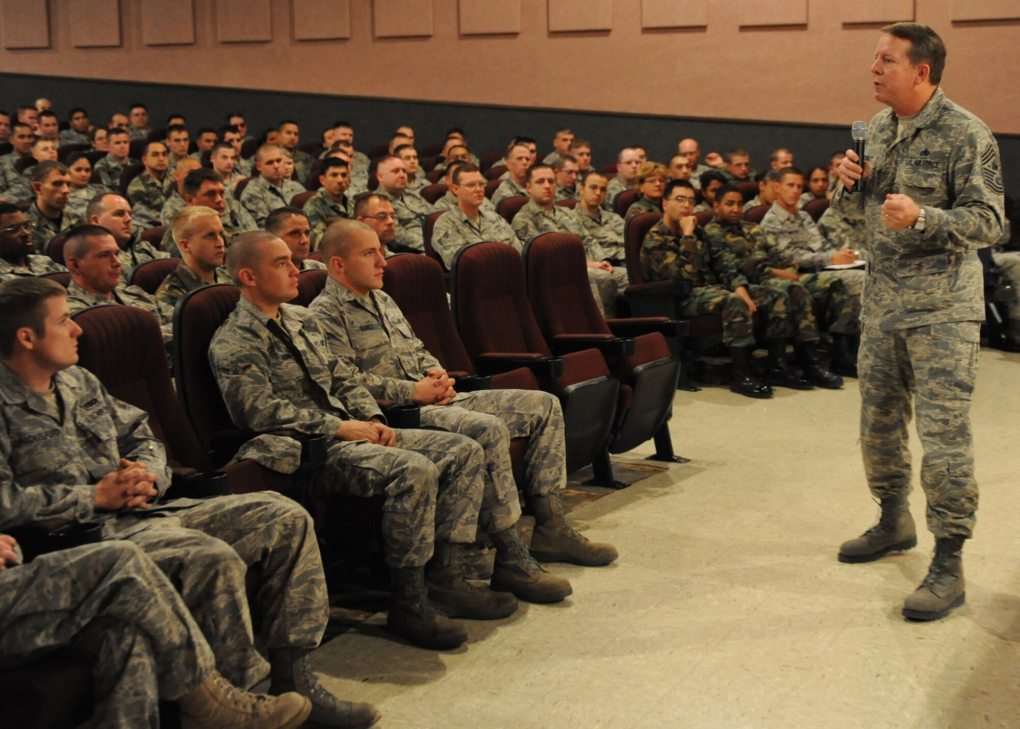 Chief Master Sgt. of the Air Force Rodney J. McKinley speaks with Airmen from the 49th Fighter Wing during an enlisted call at Holloman Air Force Base, N.M., Dec. 9.  Chief McKinley toured all three New Mexico bases to familiarize himself with the people and missions of Holloman, Kirtland and Cannon AFB. (U.S. Air Force photo/Airman 1st Class Michael Means)
