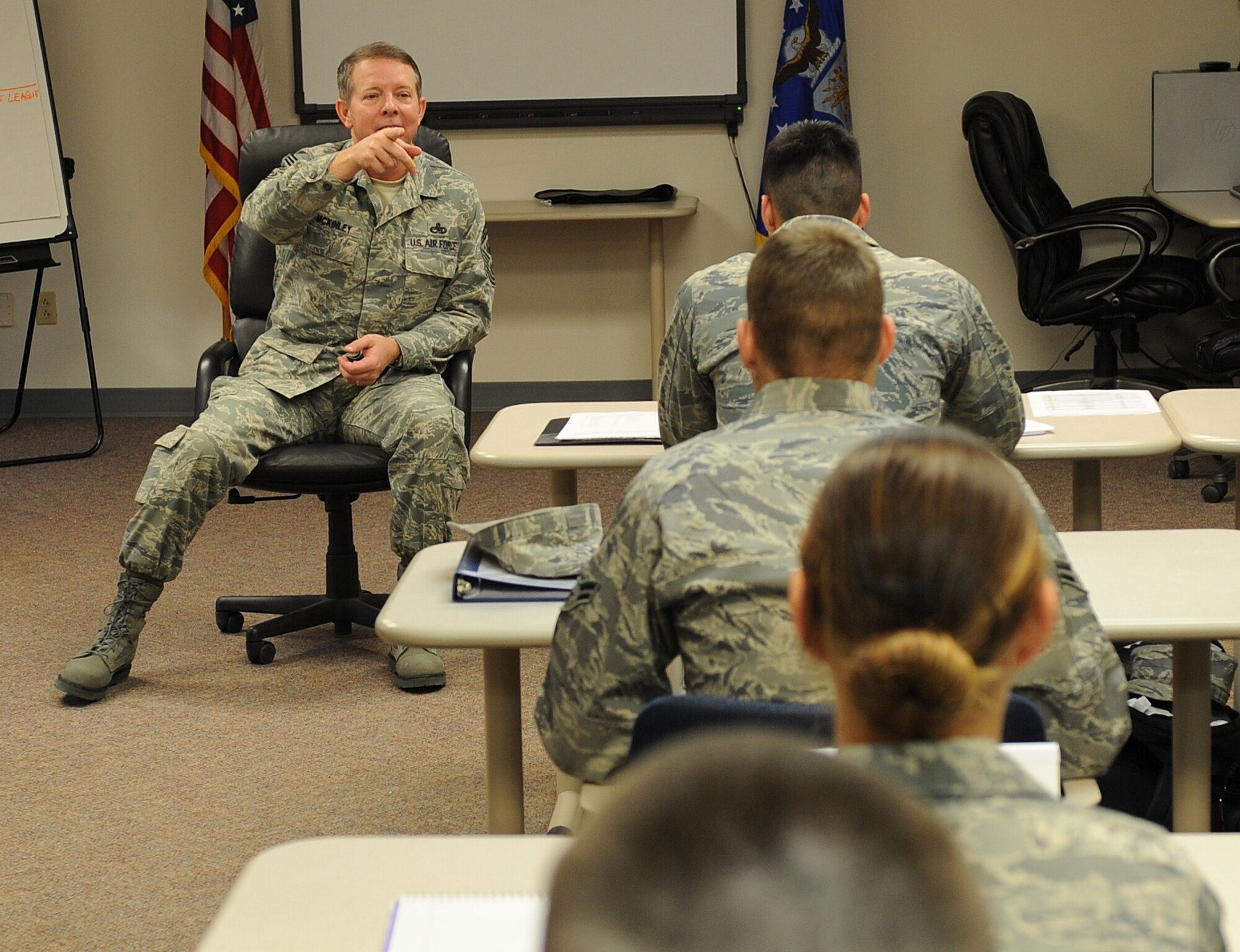 Chief Master Sgt. of the Air Force Rodney J. McKinley speaks to Airmen attending the First Term Airman Center at Holloman Air Force Base, N.M., Dec. 9. Chief McKinley toured all three New Mexico bases to familiarize himself with the people and missions of Holloman, Kirtland and Cannon AFB. (U.S. Air Force photo/Airman 1st Class Michael Means)