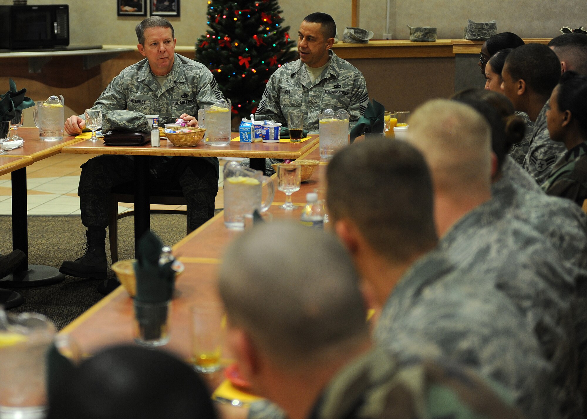Chief Master Sgt. of the Air Force Rodney J. McKinley has breakfast with Airmen at Holloman Air Force Base, N.M., Dec. 9. Chief McKinley toured all three New Mexico bases to familiarize himself with the people and missions of Holloman, Kirtland and Cannon AFB. (U.S. Air Force photo/Airman 1st Class Michael Means)