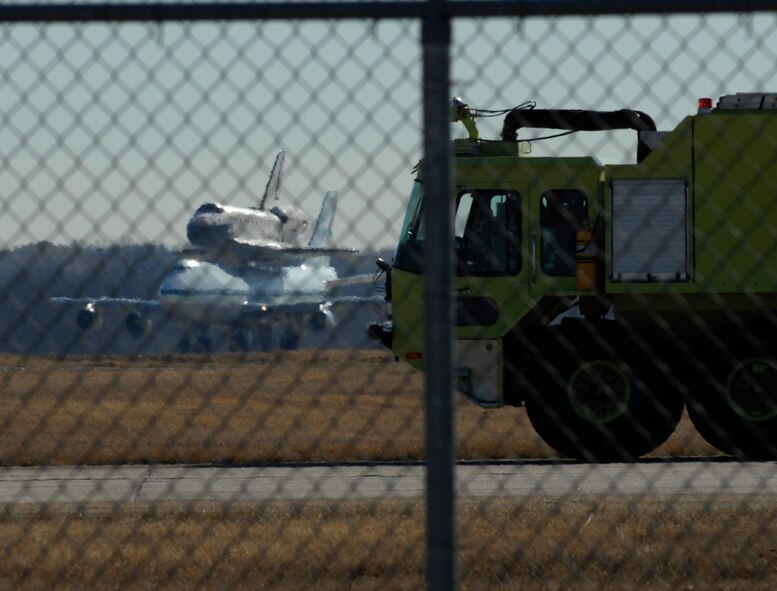 Space Shuttle Endeavour sits atop of a modified Boeing 747 as it departs from Barksdale Air Force Base Dec. 12. Endeavour is one of the three operational orbiters in NASA's Space Shuttle  fleet. (U.S. photo by Airman 1st Class Brittany Y. Bateman)(RELEASED)