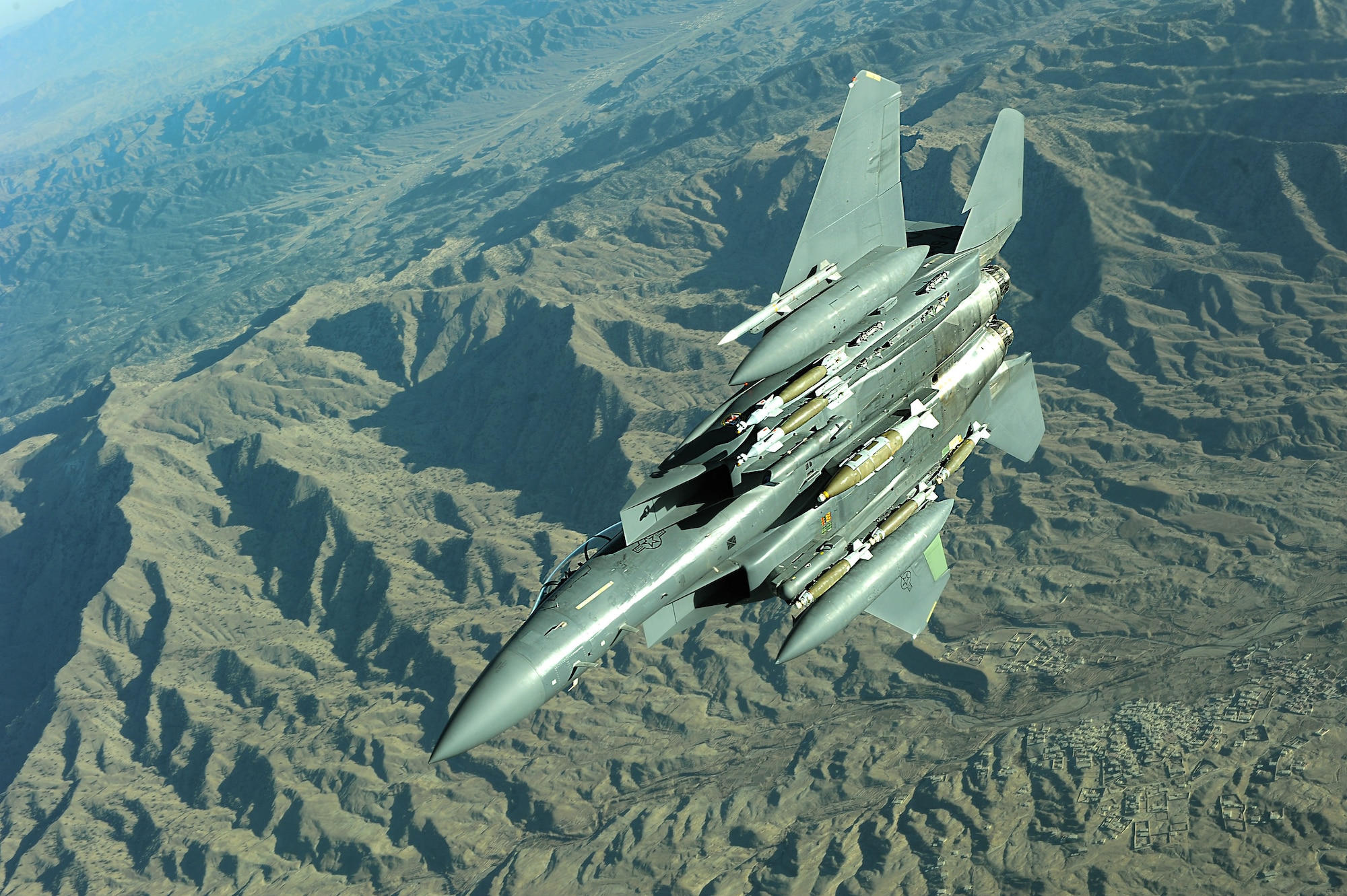 An F-15E Strike Eagle flies a combat patrol mission over Afghanistan recently. The F-15E is from the 391st Expeditionary Fighter Squadron at Bagram Airfield, Afghanistan. (U.S. Air Force photo/Staff Sgt. Aaron Allmon)  
