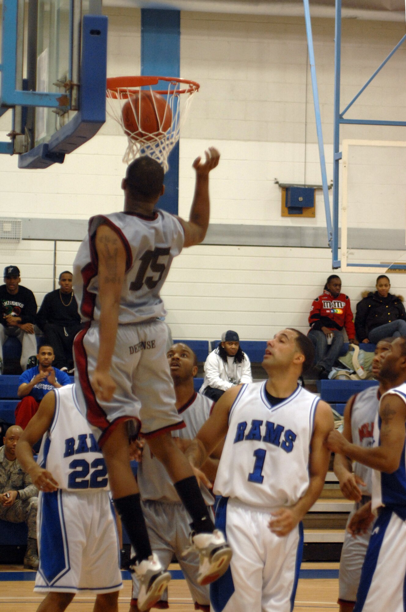 Zaire Jackson, 100th Force Support Squadron, makes a basket for the Mildenhall Marauders during the David Allen Basketball Tournament held at RAF Lakenheath Dec. 12 through 14, 2008. The Mildenhall Marauders took second losing to Ramstein 74 - 81. (U.S. Air Force photo by Senior Airman Teresa M. Hawkins)