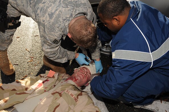 Members of the 4th Fighter Wing play the roles of victims awaiting rescue from emergency responders as a part of a training exercise here Dec. 8 - 12, 2008. Orbit Comet is an exercise held annually to test the responsiveness and inter-agency cooperation between local authorities and Seymour Johnson Air Force Base emergency responders. (U.S. Air Force photo by Airman 1st Class Ciara Wymbs)
