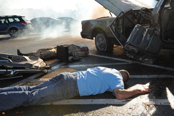 Members of the 4th Fighter Wing acting as victims lay waiting rescue from emergency responders as a part of exercise Orbit Comet here Dec. 8- 12, 2008. Orbit Comet is an exercise held annually to test the responsiveness and inter-agency cooperation between local authorities and Seymour Johnson Air Force Base emergency responders. (U.S. Air Force photo by Airman 1st Class Ciara Wymbs) 