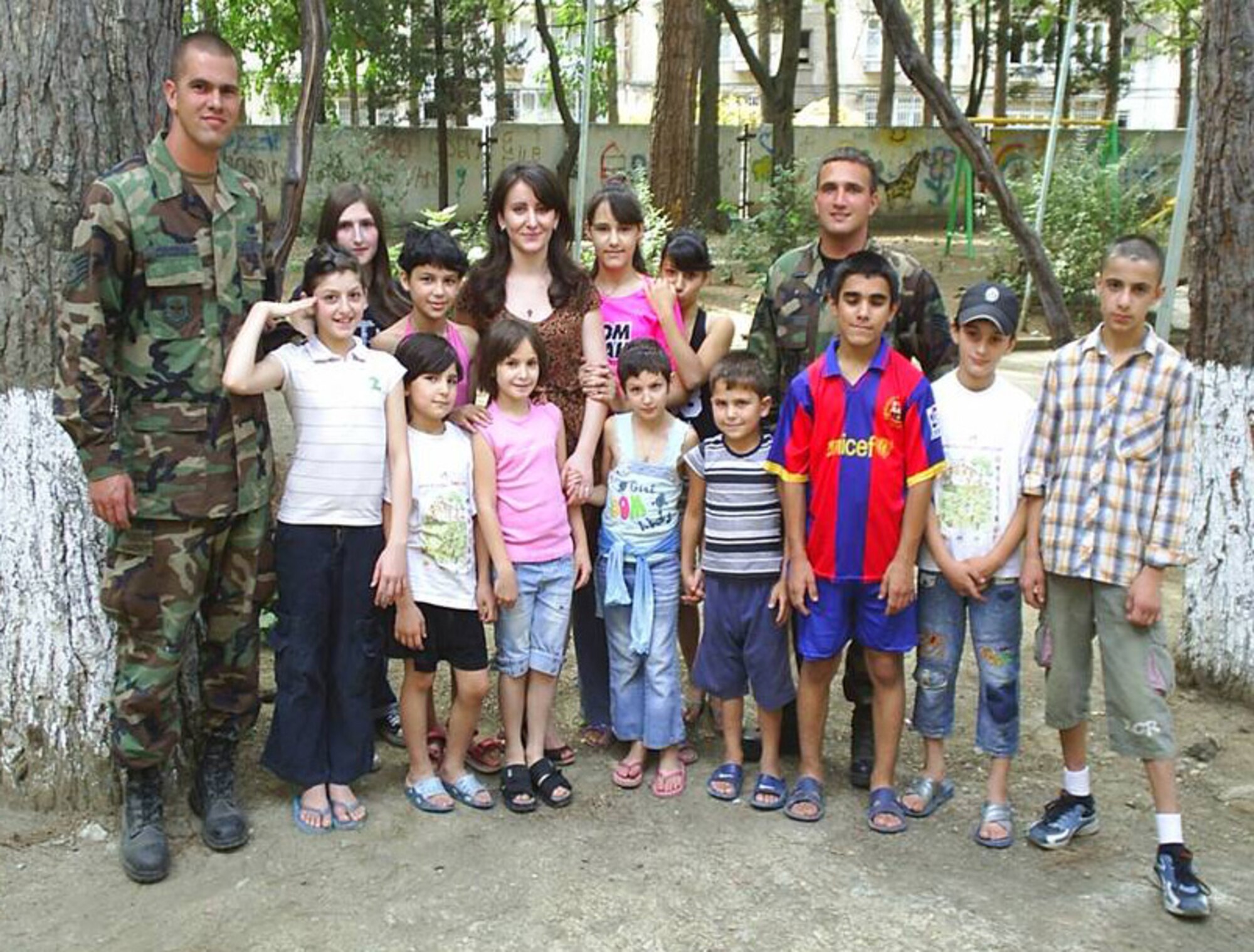 Staff Sergeant’s Paul Corcoran and Brian Leach, from Kentucky’s 123rd Contingency Response Group, pose for a photo while visiting an orphanage near Tblisi, Georgia, in September. The two sergeants deployed there with the 86th Contingency Response Group on a humanitarian mission following the Russian invasion into the area. (Photo courtesy of the 86th Contingency Response Group)