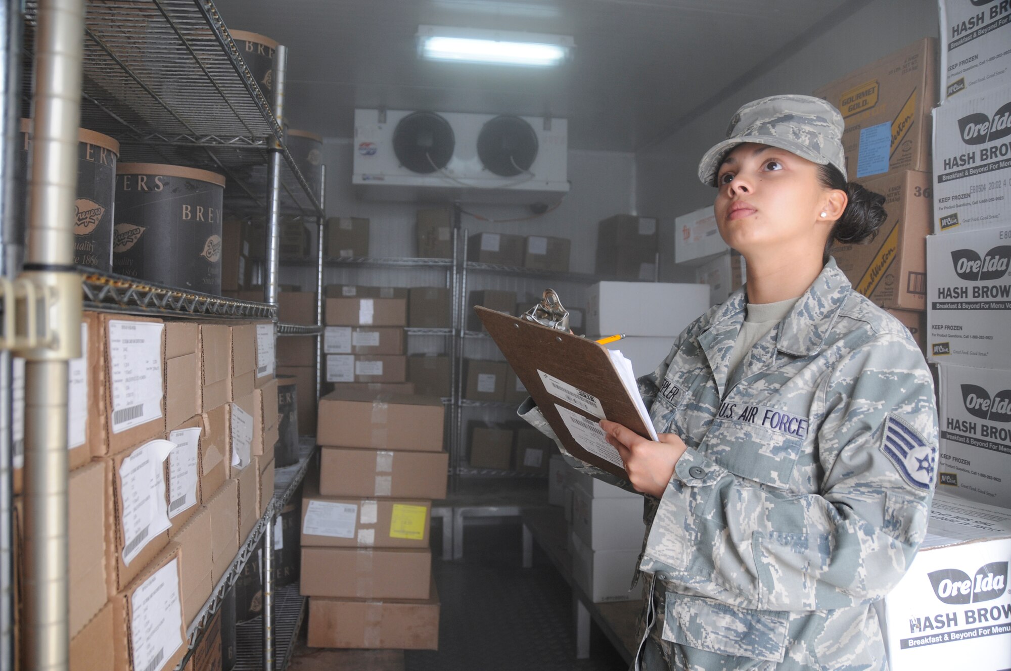 SOUTHWEST ASIA -- Staff Sgt. Tiffany Keepler from the 380th Expeditionary Force Support Squadron inventories frozen food here. EFSS receives approximately 28 pallets of rations three times a week to feed Airmen of the 380th. Sergeant Keepler performs an inventory after each shipment to ensure all items on the receipt are in good condition and have been delivered. Sergeant Keepler is deployed from the 20th FSS, Shaw Air Force Base, S.C., her hometown is Brooklyn, N.Y. (U.S. Air Force photo/Tech. Sgt. Christopher A. Campbell)(released)