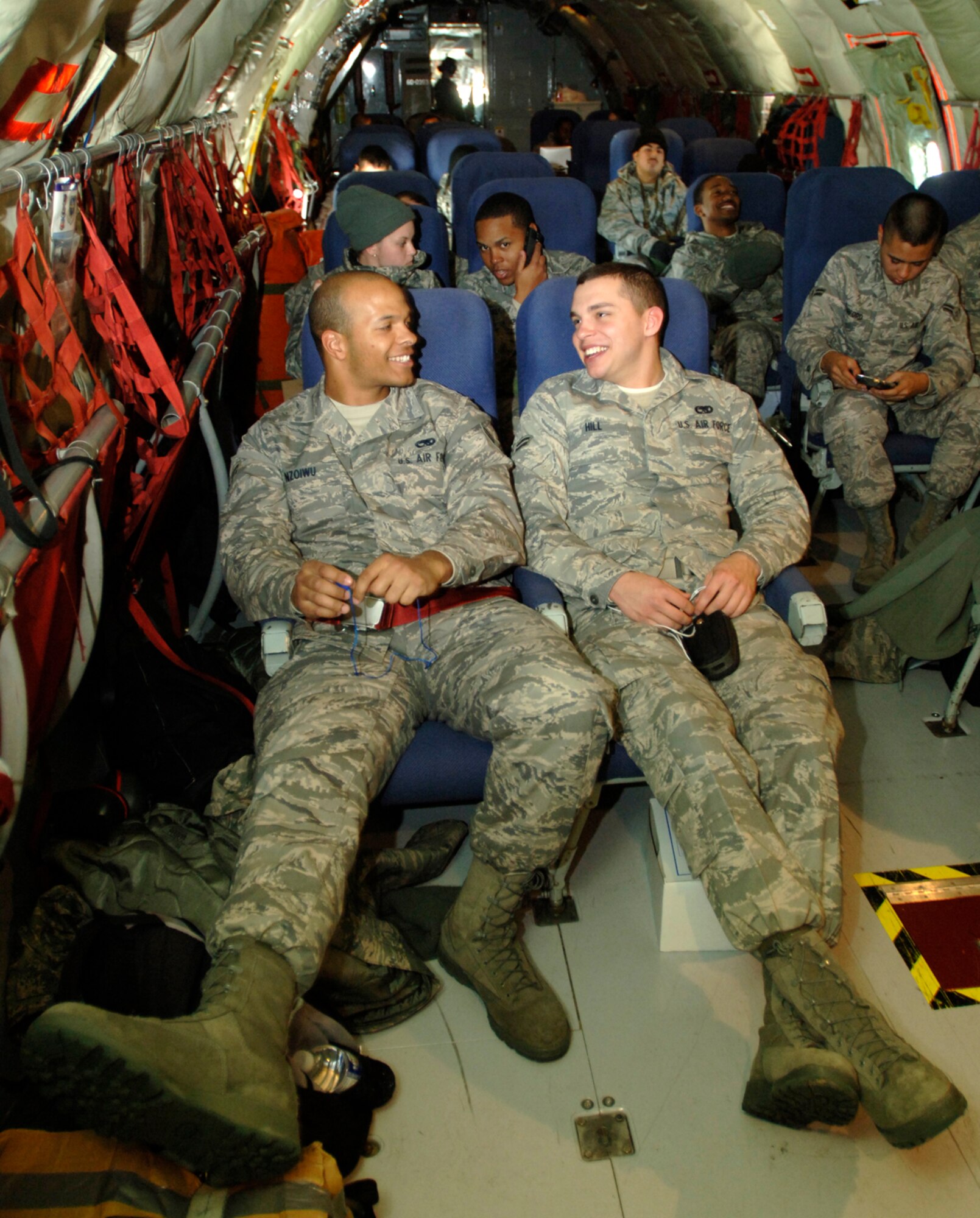 Airmen from the First Term Airman’s Center wait aboard a KC-135 Stratotanker for take-off before a refueling mission, Dec. 11. It was the first time on a military aircraft for many of the new Airmen.(Photo by Senior Airman Laura Suttles) 
