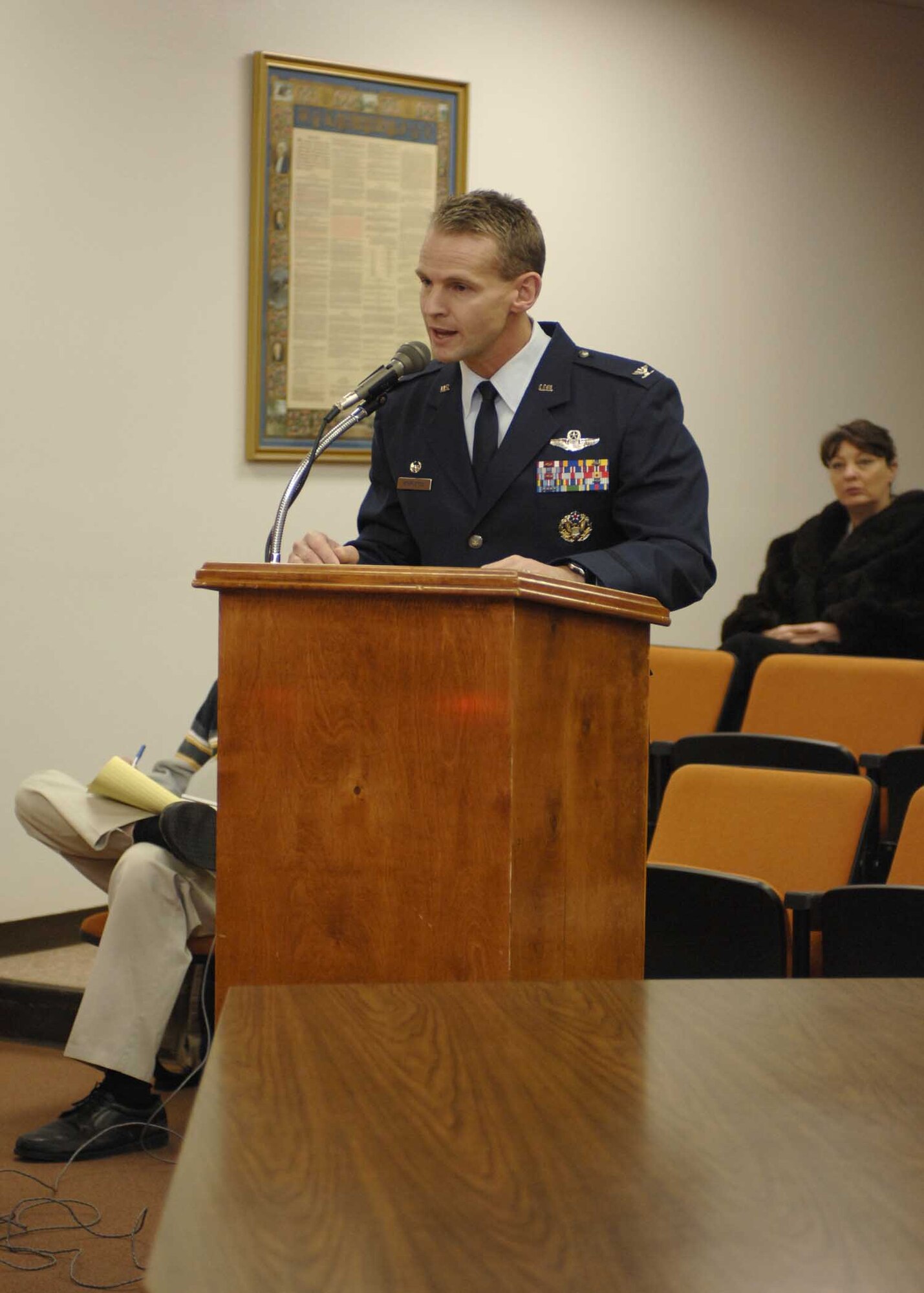 Col. Michael Stapleton, 49th Operations Group commander, talks with members of the Lincoln county commission at the County Commission's Chamber at Carrizozo, N.M. Dec. 16. Colonel Stapleton was there to speak about F-22A Raptor supersonic flight operations. (U.S. Air Force photo/Airman 1st Class Rachel A. Kocin)