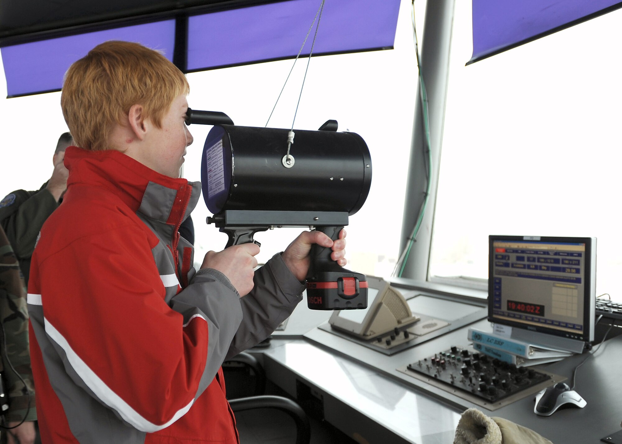 Andrew Allen visits the control tower during his Dec. 5 tour of Grand Forks Air Force Base, N.D. Andrew, a victim of Crohn's disease, came to the base as a part of the Pilot for a Day program. (U.S. Air Force photo/Staff Sgt. Suellyn Nuckolls) 
