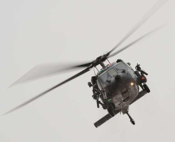 Members of the 66th Rescue Squadron simulate a downed pilot and crew rescue for  commanders, chiefs and their spouses during the 57th Wing Commander's Conference at Nellis Air Force Base, Nev., on Dec. 15, 2008. The conference was an opportunity for 57th Wing leadership and their spouses to gather  to promote teamwork and show how each squadron works together as one in accomplishing the wing’s mission.

(U.S. Air Force photo/Senior Airman Nadine Y. Barclay)
