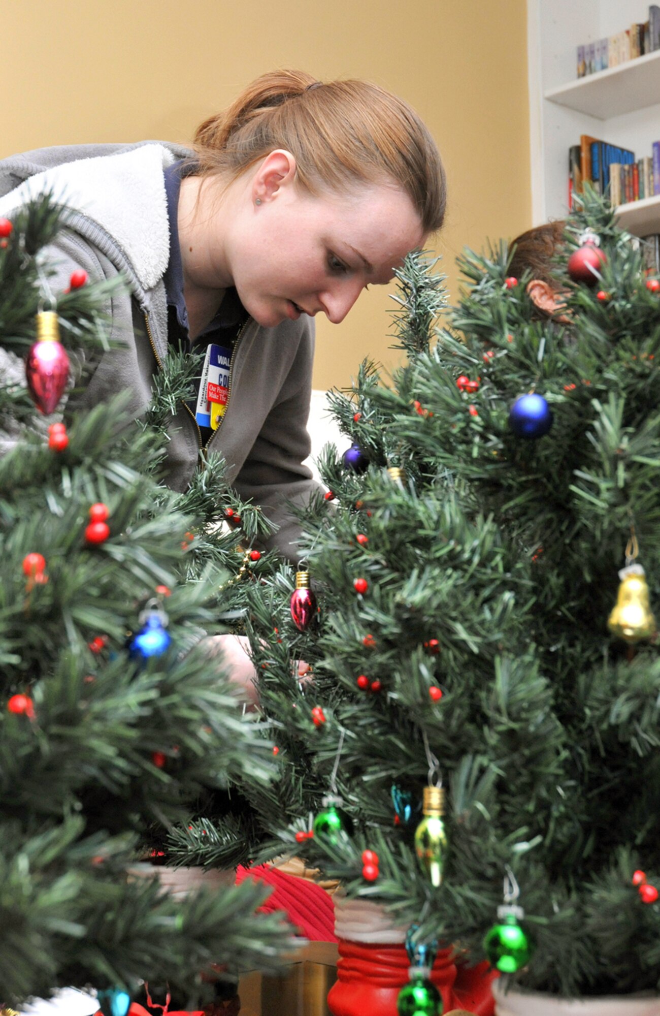 Courtney Samsel is one of 10 Biloxi, D’Iberville and Ocean Springs Wal-Wart employees who decorated the inside and outside of Fisher House for the holidays.  Wal-Mart also donated $100 to each of the nine families currently staying at Fisher House, a home-away-from-home for patients undergoing treatment at Keesler Medical Center or the Veterans Affairs Medical Center in Biloxi.  It’s the second year for the Wal-Mart project.  (U.S. Air Force photo by Adam Bond)

