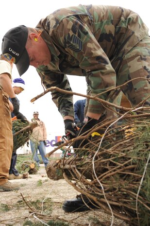 Tech. Sgt. Sean Thomson, 99th Civil Engineering Squadron, non-commissioned officer in charge of pavement and ground, trims Christmas trees for Airmen on Nellis Air Force Base, Nev., Dec. 12, 2008. Trees for Troops, a charity program sponsored by the Christmas SPIRIT Foundation and FedEx, donated approximately 750 Christmas trees to Nellis and Creech Airmen and their families.  (U.S. Air Force Photo / Airman 1st Class Stephanie Rubi)