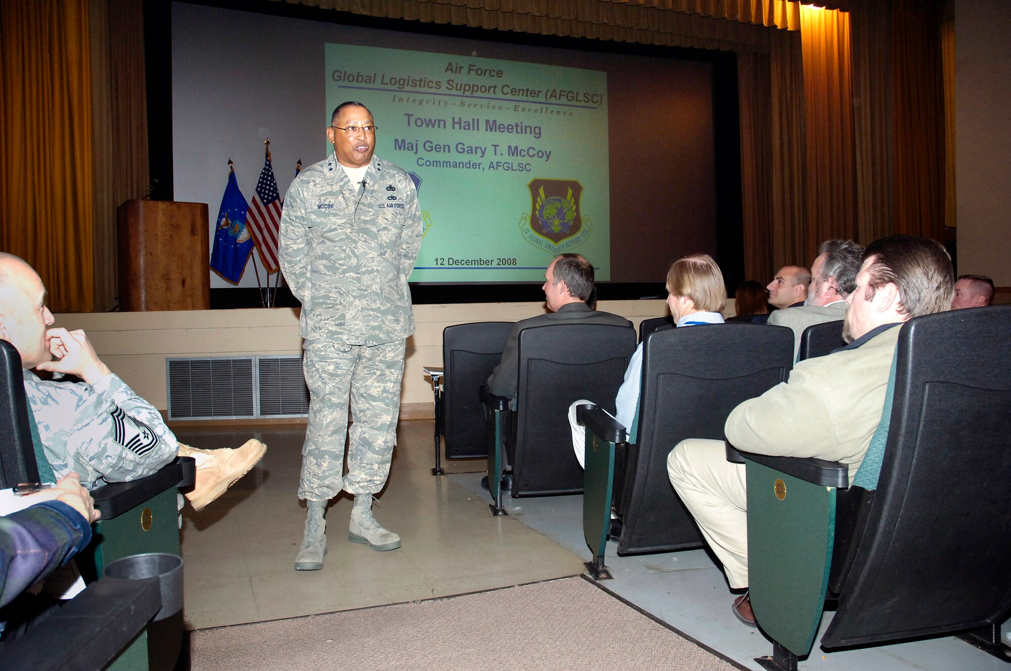 Maj. Gen. Gary T. McCoy, commander of the Air Force Global Logistics Support Center, headquartered at Scott Air Force Base, Ill., held a town hall meeting Dec. 12 at the Tinker Base Theater for members of the 448th Supply Chain Management Wing.(Air Force photo)