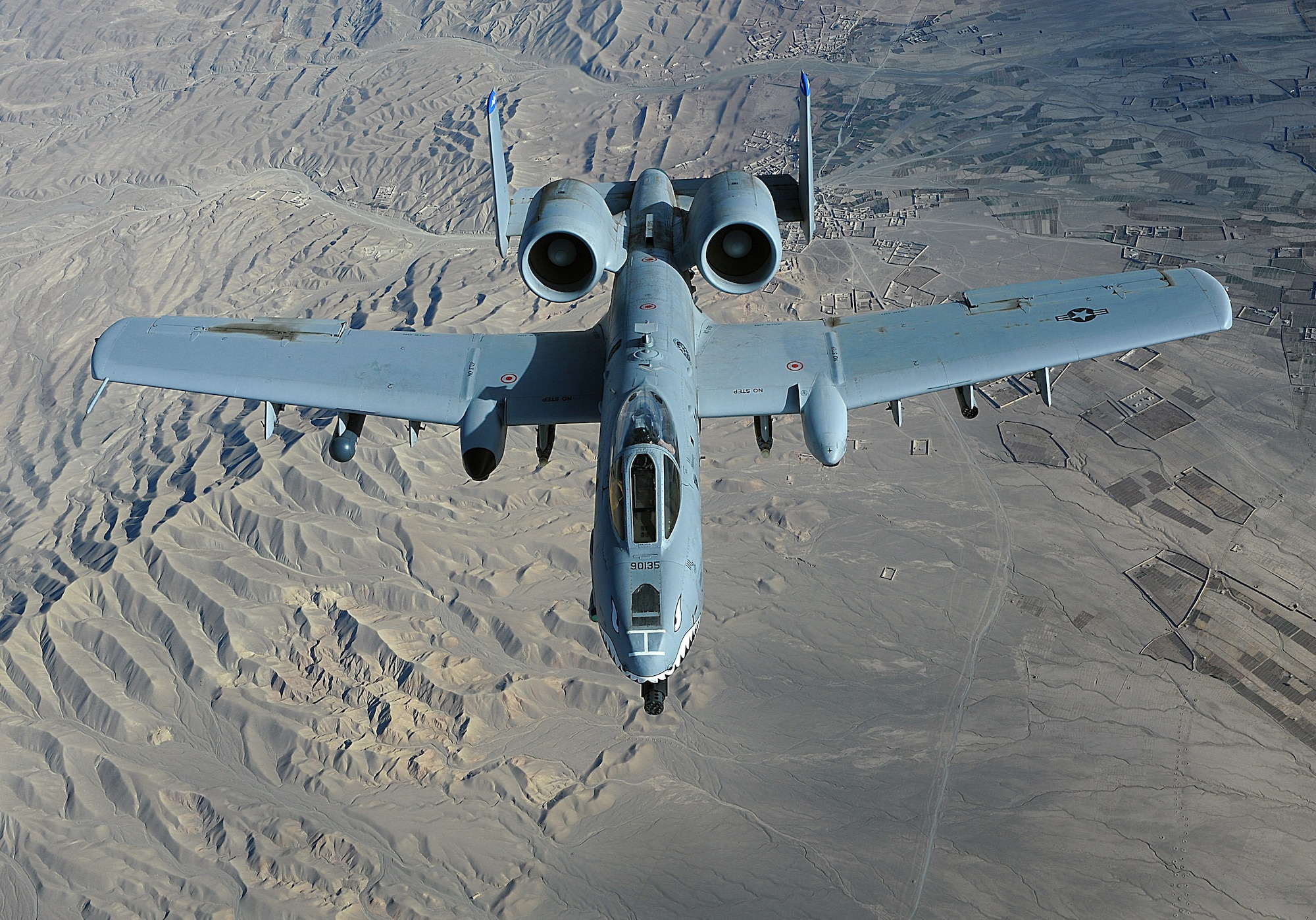 An A-10 Thunderbolt II conducts show of force over Afghanistan in support of Operations Enduring Freedom. A-10s fly combat patrol missions to deter anti-Afghan activities and provide armed aerial overwatch. (U.S. Air Force photo/Staff Sgt. Aaron Allmon)  