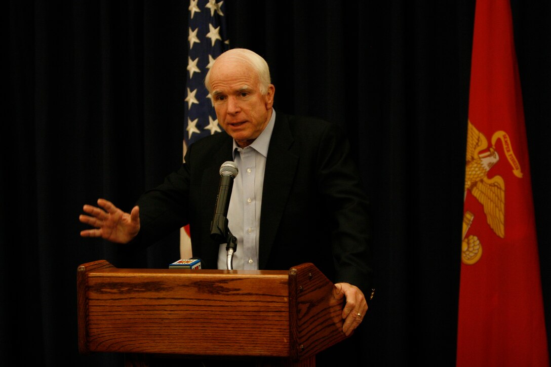 Arizona Sen. John McCain speaks to members of the media at a press conference Dec. 17 during his visit to the Marine Corps Air Station in Yuma, Ariz., to speak to Marine officials on border-related issues affecting military training in the area. McCain expressed the need to increase border facilities to move people, goods and services more rapidly across the United States-Mexico border, because Arizona is dependant on the cross-border trade. He also addressed his concern for the high level of violence in Mexico near the border.