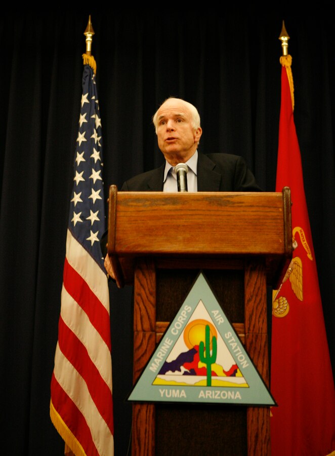 Arizona Sen. John McCain speaks to members of the media at a press conference Dec. 17, 2009, during his visit to the Marine Corps Air Station in Yuma, Ariz., to speak to Marine officials on border-related issues affecting military training in the area. McCain expressed the need to increase border facilities to move people, goods and services more rapidly across the United States-Mexico border, because Arizona is dependant on the cross-border trade. He also addressed his concern for the high level of violence in Mexico near the border. (Photo by Cpl. Laura A. Mapes)