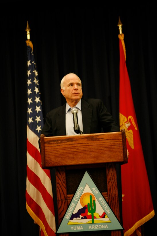 Arizona Sen. John McCain speaks to members of the media at a press conference Dec. 17, 2009, during his visit to the Marine Corps Air Station in Yuma, Ariz., to speak to Marine officials on border-related issues affecting military training in the area. McCain expressed the need to increase border facilities to move people, goods and services more rapidly across the United States-Mexico border, because Arizona is dependant on the cross-border trade. He also addressed his concern for the high level of violence in Mexico near the border. (Photo by Cpl. Laura A. Mapes)