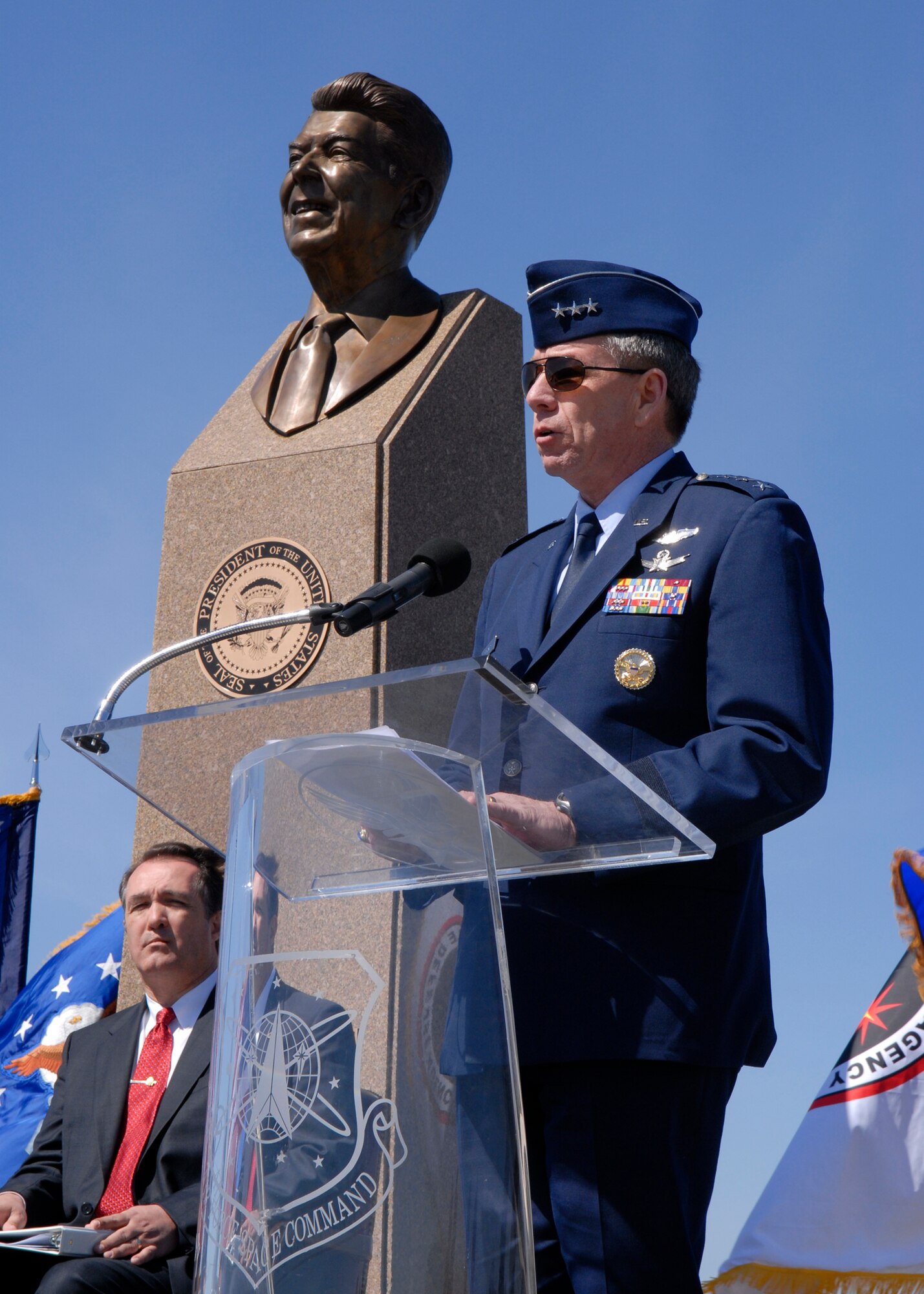 VANDENBERG AIR FORCE, Calif. -- Lt. Gen. Henry Obering III, Director of Missle Defense Agency, Washington, D.C. speaks at the Ronald Regan Missle Defense Site on March 27. The Ronald Reagan Missile Defense Site is dedicated to former President Ronald Reagan as a show of gratitude to the 25th Anniversary of his address to the Nation on Missile Defense.(U.S. Air Force photo/ Airman 1st Class Andrew Satran)