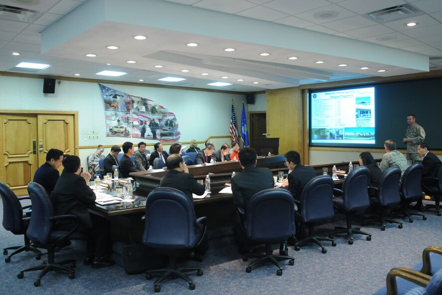 Fifteen members of the Taiwan air force, including Taiwan's Administrative Deputy Minister of Defense Lt. Gen. Yu-Pao Lin, receive overviews on how the U.S. Air Force manages the force. The delagation visited the Air Force Personnel center, Randolph Air Force Base, Texas, Dec. 12, 2008 to gain knowledge about how to establish an all-volunteer force. (U.S. Air Force photo by Joel Martinez)