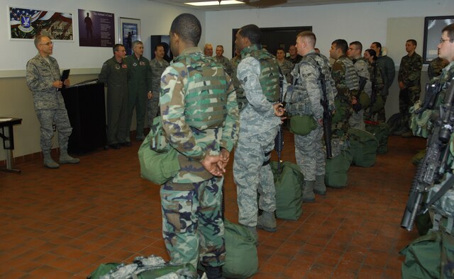 MINOT AIR FORCE BASE, N.D. – Brig. Gen. Patrick Martin, chief of joint staff and assistant adjutant general for air, Joint Force Headquarters, Bismarck, Col. Robert Becklund, commander of the 119th Air National Guard Wing, and Col. Michael Spencer vice commander of the 91st Missile Wing, brief members of the 91st Missile Security Forces Squadron and the 219th Security Forces Squadron here on the significance of the 219th SFS traveling out into the missile field, Dec. 18. The 219th Security Forces Squadron is the  first ever Air Guard unit to be dispatched into the missile field surrounding Minot Air Force Base. (U.S. Air Force photo by Senior Airman Cassandra Jones)