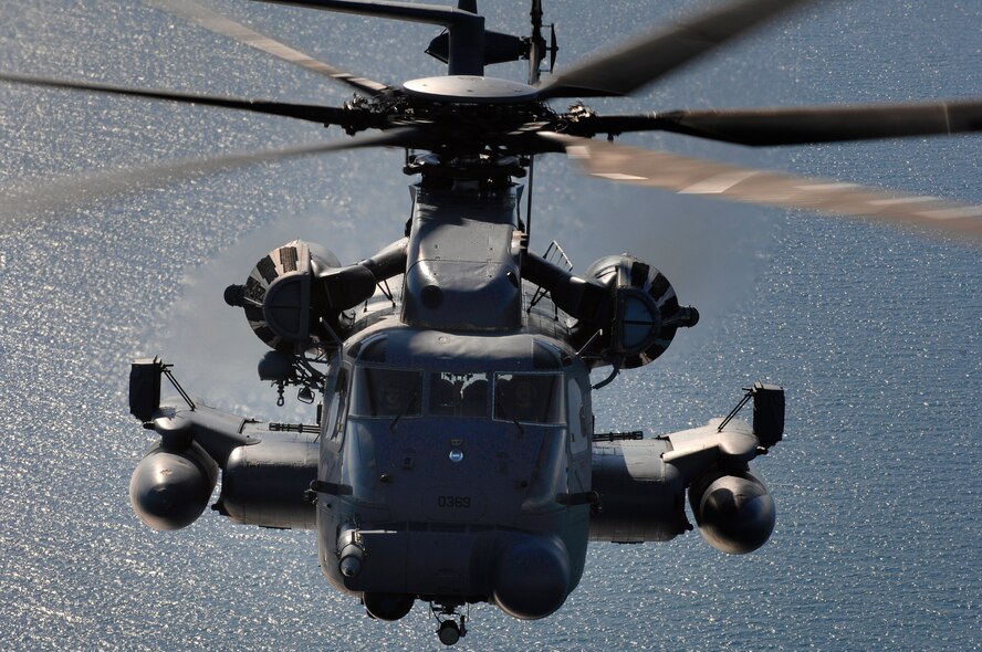 HURLBURT FIELD, Fla. -- An MH-53 Pave Low from the 20th Special Operations Squadron, flies over the Gulf of Mexico near Hurlburt Field, Fla., Aug. 20. The MH-53 Pave Low medium-lift helicopter is the largest, most powerful and technologically advanced helicopter in the Air Force inventory. (U.S. Air Force photo/ Senior Airman Julianne Showalter)