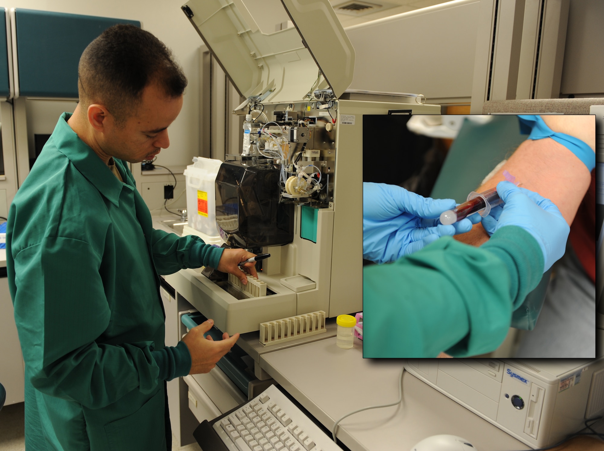 WHITEMAN AIR FORCE BASE, Mo. ? Tech. Sgt. Alec Arjona, 509th Medical Group lab technician, operates a hematology analyzer, a new addition in the lab, Dec. 17. The analyzer gives a precise count of white and red blood cells and hemoglobin and will notice any abnormal cells within the test specimen.  This machine is one of the first lines of defense to ensure members of Team Whiteman are healthy. INSET PHOTO: Tech. Sgt. Alec Arjona, 509th Medical Group lab technician, takes a blood sample Dec. 17 from a patient to test for high cholesterol, blood cell counts, hemoglobin and various other things that will show the health of the patient. Once a blood sample is taken it is sent to the lab to be analyzed by a hematology analyzer. If the analyzer detects bacteria, the blood sample will undergo a culturing process. (Individual photos/Airman 1st Class Carlin Leslie)