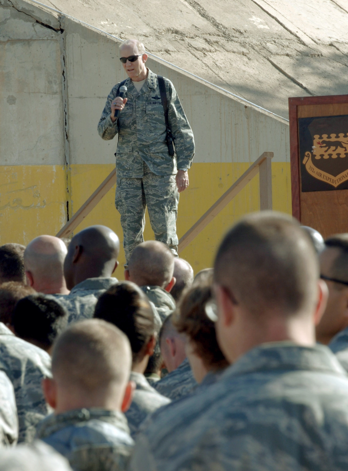 Gen. John Corley speaks to 332nd Air Expeditionary Wing Airmen during an Airman's Call at Joint Base Balad, Iraq, Dec. 3. General Corley and leaders from ACC's A-staff visited the base to thank Airmen for their service and to determine how ACC can better organize, train and equip Airmen deploying to Southwest Asia. General Corley is commander of Air Combat Command. (U.S. Air Force photo/Tech. Sgt. Erik Gudmundson)