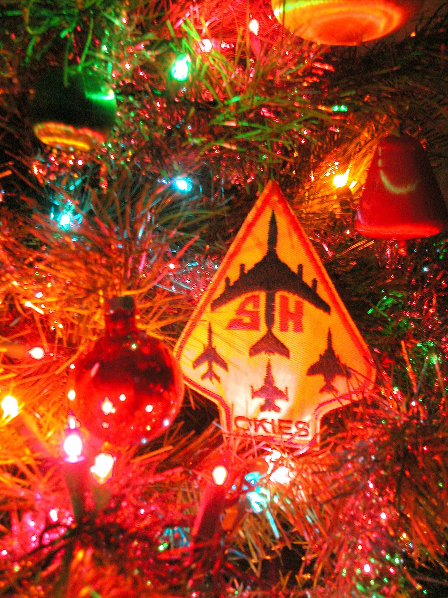 The 507th Air Refueling Wing "Okie" patch is perched among the ornaments adorning this Christmas tree as wing Airmen pass on their Christmas greetings to all. 