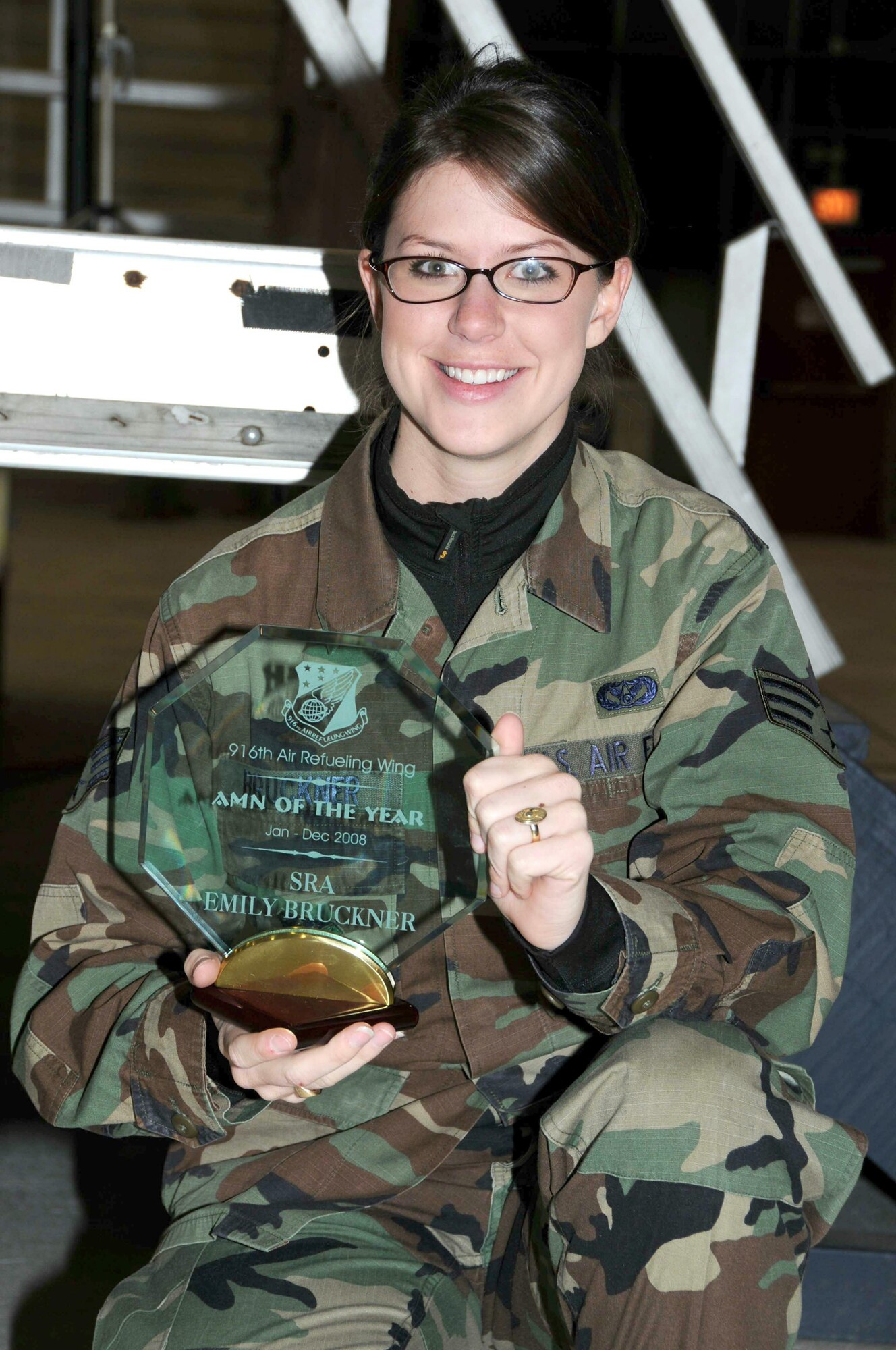 SEYMOUR JOHNSON AIR FORCE BASE, N.C. -- Senior Airman Emily Bruckner proudly displays her Airman of the Year for the 916th Air Refueling Wing. The award was presented during the December unit training assembly commander's call. Airman Bruckner is a Reservist with the 916th Civil Engineer Squadron.