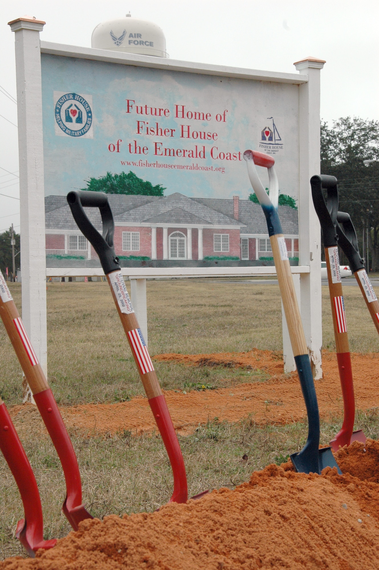 EGLIN AIR FORCE BASE, Fla. -- Shovels were ready for the groundbreaking ceremony for the Emerald Coast Fisher House here. There are currently 40 Fisher Houses worldwide and they provide a home-away-from-home for the families of servicemembers while loved ones are receiving medical treatment at military and Veteran Affairs facilities. (U.S. Air Force photo/Staff Sgt. Stacia Zachary)