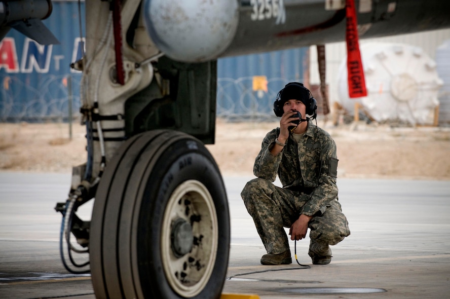 Airman 1st Class Michael Ward, A-10 Thunderbolt II crew chief, talks to the pilot of his A-10 during engine startup at Bagram Air Field, Afghanistan, Dec. 2. Airman Ward helps the pilot by acting as his eyes and ears outside the aircraft to make sure everything is working properly. Airman Ward is deployed from the 23rd Aircraft Maintenance Squadron, Moody Air Force Base, Ga., and hails from Cincinnati, Ohio. (U.S. Air Force photo by Staff Sgt. Samuel Morse)(Released)