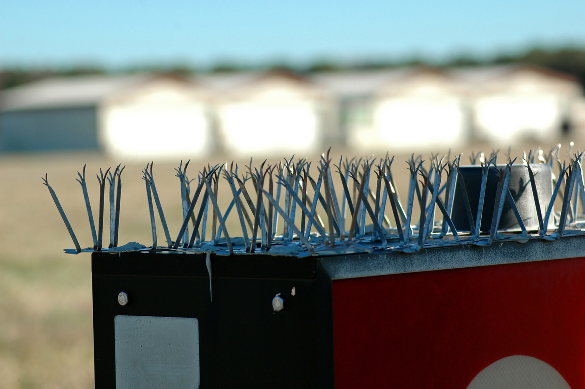 Spiny metal strips are tools used on flat surfaces near Langley's airfield to prevent birds from perching. (U.S. Air Force Photo)