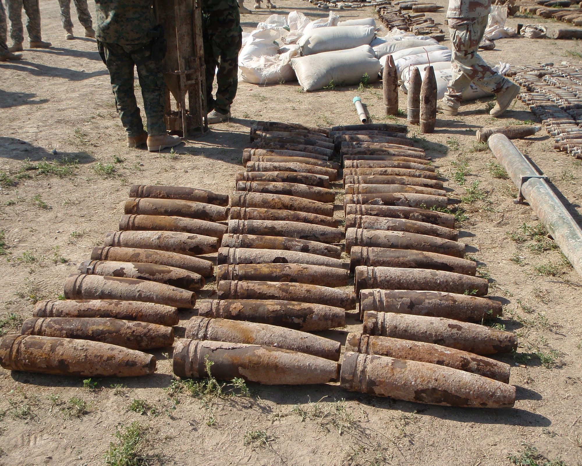 Explosive devices are identified and inventoried before being destroyed by Explosive Ordnance Disposal specialists from the 447th Expeditionary Civil Engineer Squadron Explosive Ordnance Disposal Alpha Flight, Sather Air Base, Iraq. (U.S. Air Force photo)    