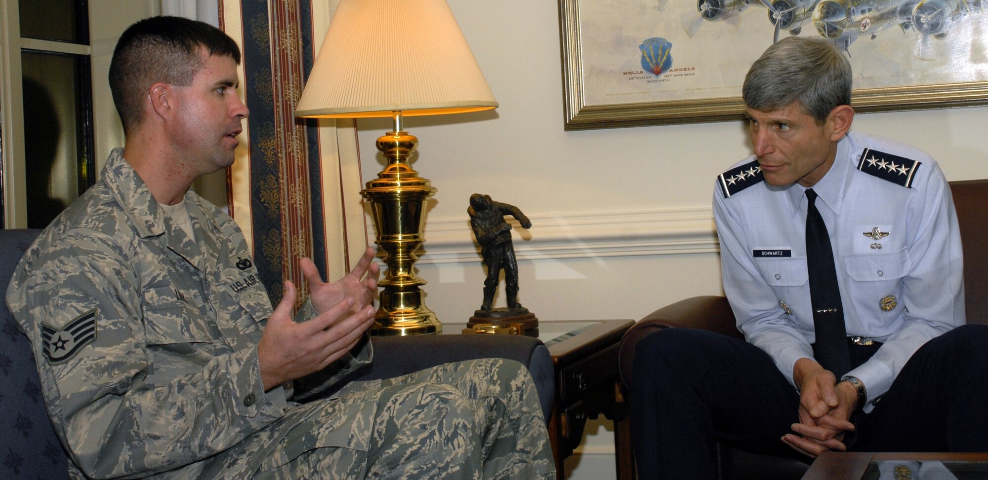 Staff Sgt. Scott Lilley, a Security Forces Airman who was wounded in Iraq, was invited to visit General Schwartz, Chief of Staff of the Air Force, in his office in December 2008. Sergeant Lilley suffered a severe head wound when his convoy was attacked in Iraq and was not expected to survive. General Schwartz and Sergeant Lilley discussed the sergeant's wounds, his goals, and the care the Air Force provides to its wounded Airmen. Sergeant Lilley praised the care he has received and told the general of his plans to return to active duty as a Security Forces Instructor. He recently completed the Air Force Basic Instructor Course at Lackland Air Force Base, Texas. Sergeant Lilley and his parents were also guests of President Bush at the White House Christmas party. (courtesy photo)