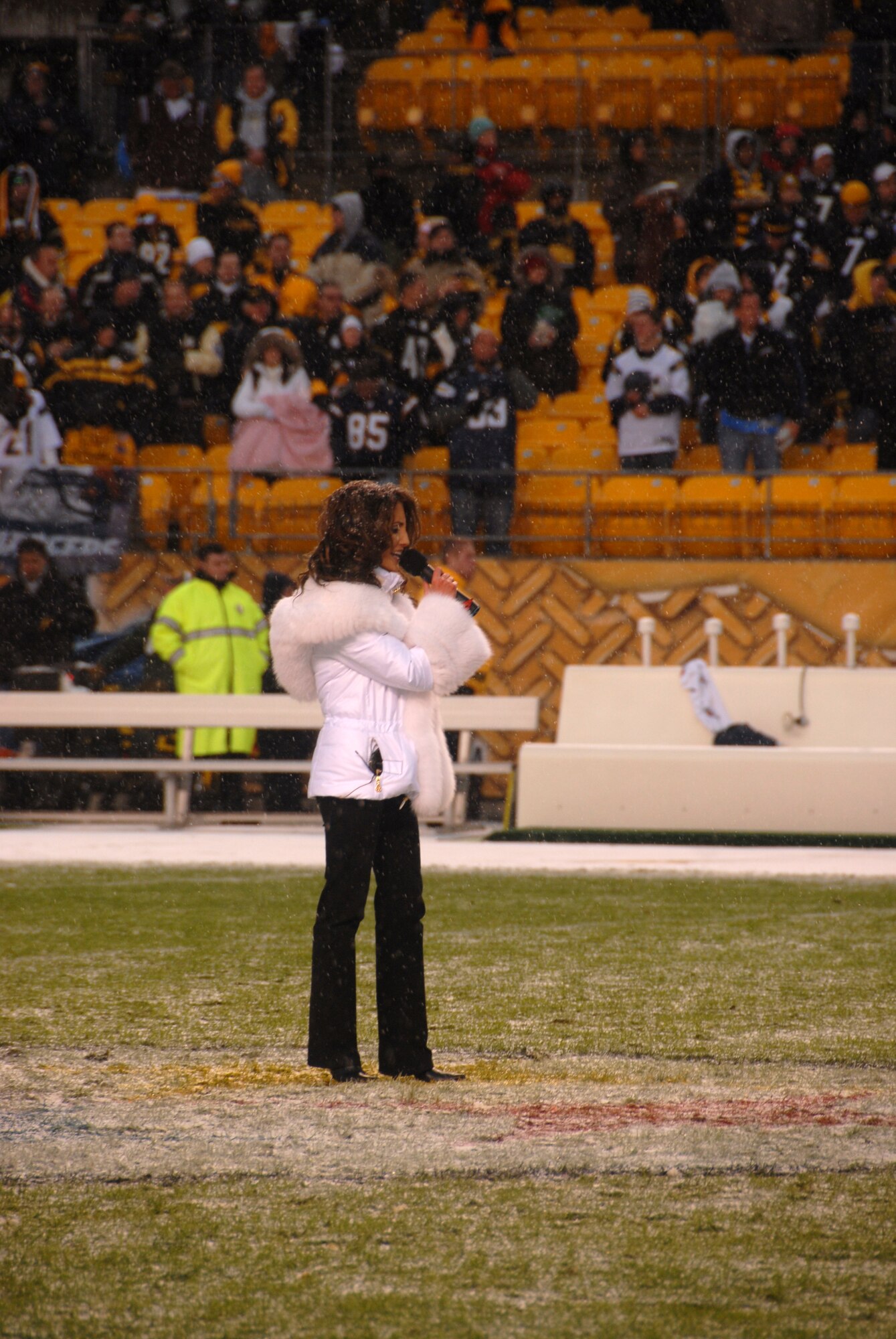 HEINZ FIELD STADIUM, PITTSBURGH, PA - Country recording artist Laura Bryna paid tribute to the military with her hit single "Hometown Heroes" followed by the National Anthem and a 171st Air Refueling Wing KC-135 Stratotanker flyby on Nov. 16 just before the start of a Steelers game. Joining Bryna, the voice of a new, multifaceted advertising campaign for the Air National Guard, were members of the 171 ARW's Honor Guard and a local veteran who had served in each U.S. war. (Air Force photo / Staff Sgt. Shawn Monk)