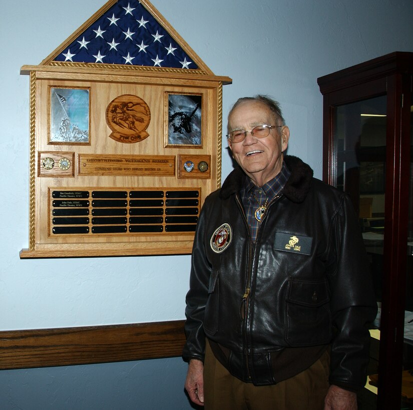 Mr. John R. Dale, a WWII veteran honored for his service on a plaque displayed in the 71st Operational Support Squadron building at Vance on Dec. 19th. (U.S. Air Force photo by 2nd Lt. Lynn Aird)
