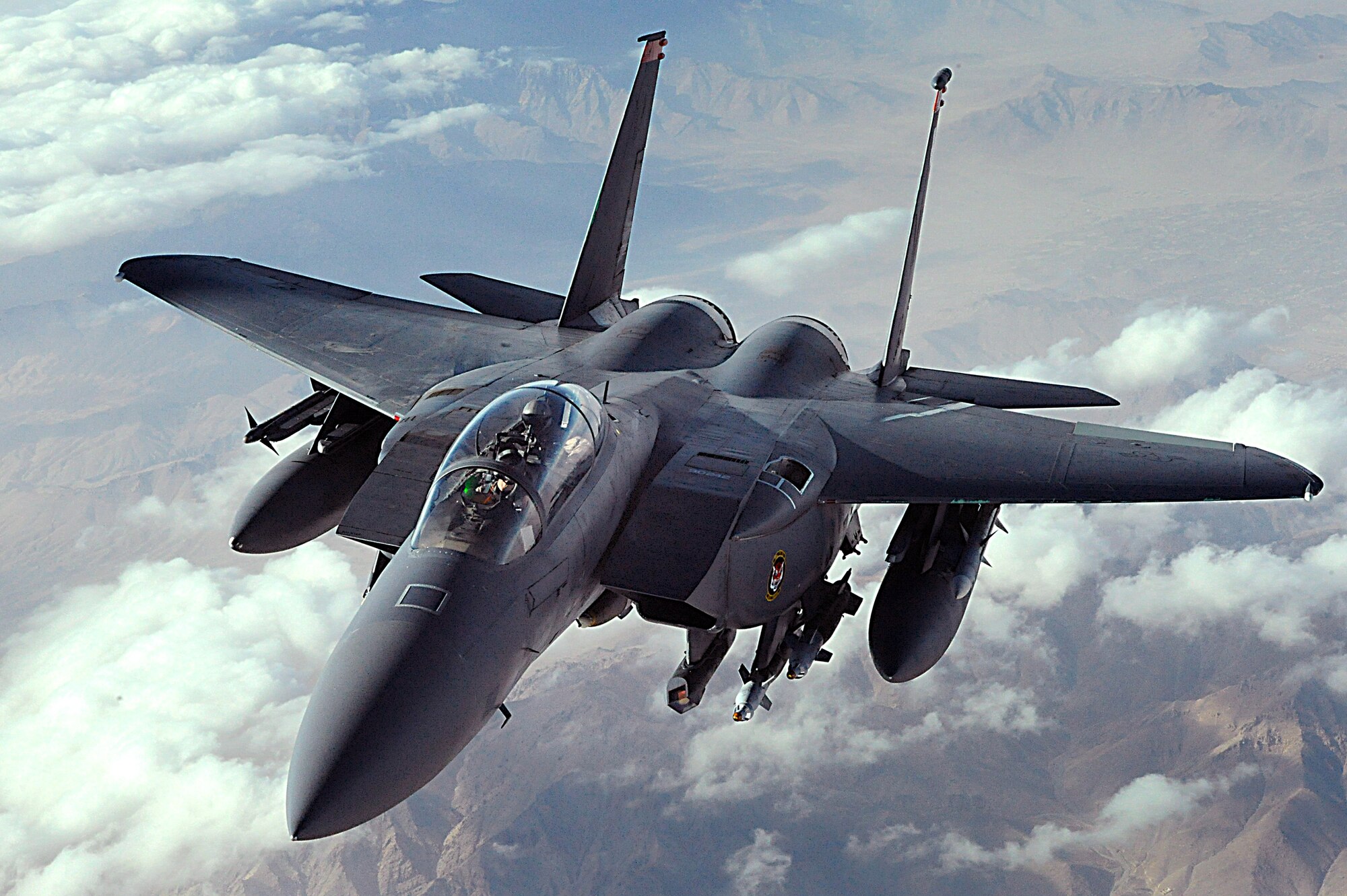 An F-15E Strike Eagle flies a combat mission over Afghanistan in support of Operations Enduring Freedom. The Strike Eagle is a dual-role fighter designed to perform air-to-air and air-to-ground missions. (U.S. Air Force photo/Staff Sgt. Aaron Allmon)  

