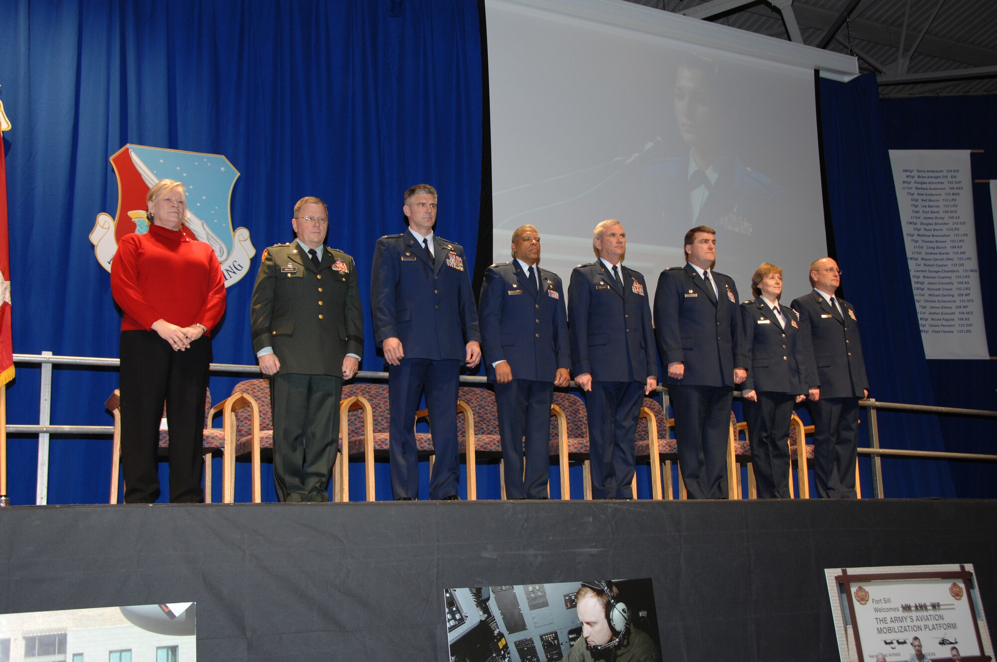 Distinguished guests and leadership from the 133rd Airlift Wing take their place on stage to begin the 2008 Wing Recognition Ceremony in a hangar on the St. Paul Air National Guard Base on Dec. 13, 2008. From left to right, Minnesota Lieutenant Governor Carol Molnau, Minnesota Adjutant General, Maj. Gen. Larry Shellito, 133rd AW Commander, Col. Greg Haase, 133rd Medical Group Commander, Dr. (Col.) Dave Hamlar, 133rd Operations Group Commander, Col. Bob Cayton, 133rd Maintenance Group Commander, Col. Chuck Rodke, 133rd Mission Support Group Commander, Lt. Col Deon Ford, and 133rd AW Command Chief, Chief Master Sgt. Dave Speich all wait for the presentation of the colors. Projected on the screen behind them is the image of 2nd Lt. Christina Hubert, 133rd Operations Support Flight, who introduced them to an audience of over 1,000 Airmen, family members and others. (USAF photo by Tech Sgt. John Wiggins)