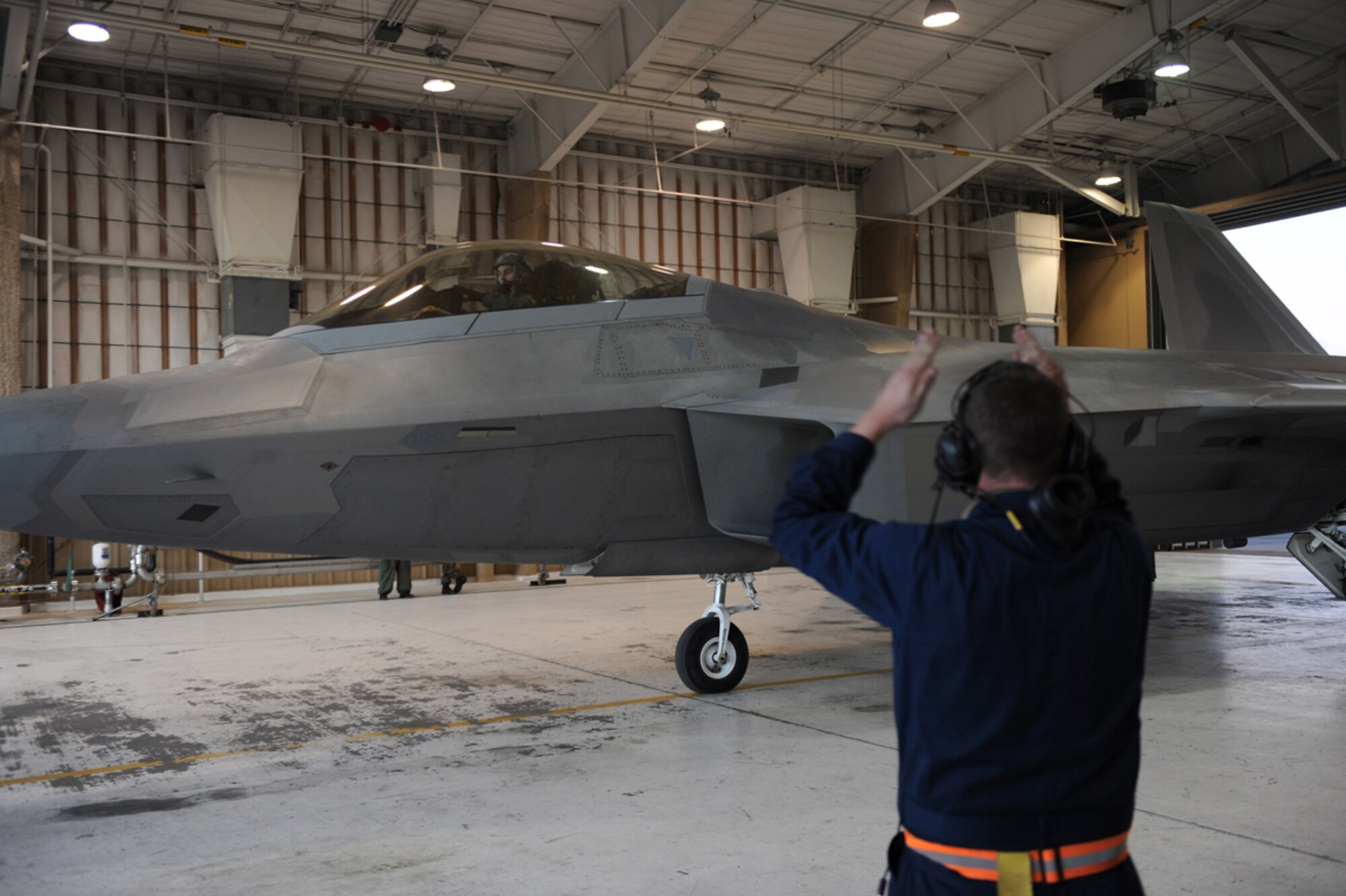 An F-22 Arrives in hanger at Holloman Air Force Base, New Mexico