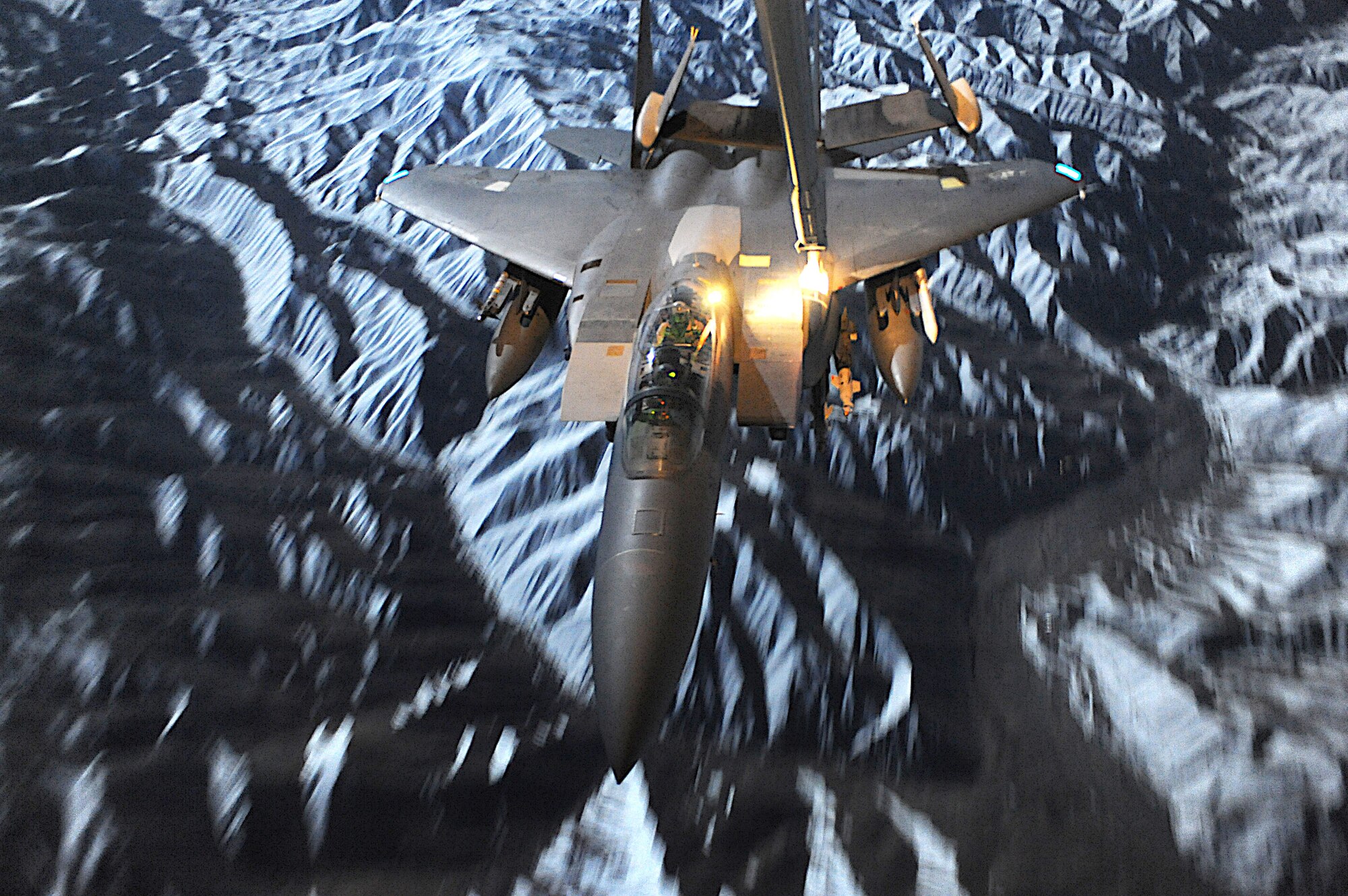 An F-15E Strike Eagle from the 391st Expeditionary Fighter Squadron at Bagram Airfield, Afghanistan, refuels Dec. 12 during a combat mission.  (U.S. Air Force photo/Staff Sgt. Aaron Allmon)

