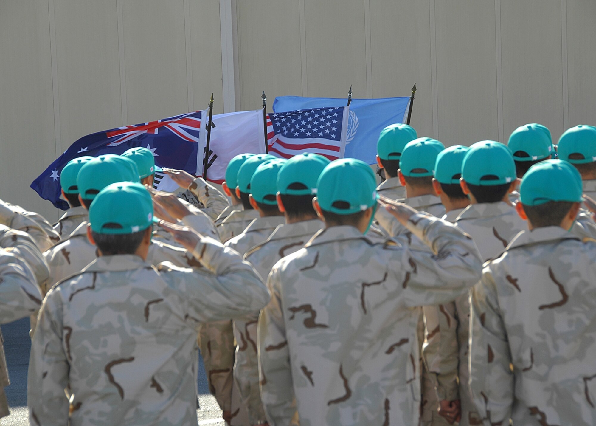 Members of the Japanese Air Self Defense Force render a salute during their mission ceremony on Dec. 17 at an air base in Southwest Asia. The JASDF members are departing the Iraq Reconstruction Support Airlift Wing after serving alongside U.S. and coalition forces for nearly five years. (U.S. Air Force photo/Tech. Sgt. Raheem Moore)

