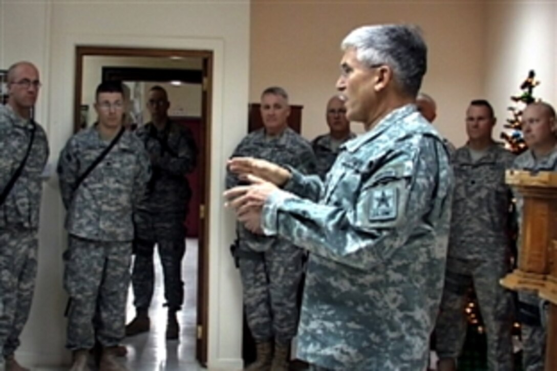 Gen. George Casey, Army chief of staff, visits “Iron Castle” soldiers of Multi-National Division-Baghdad’s 926th Engineer Brigade, Dec. 22, 2008. The 50 most outstanding soldiers from the 46th Engineer Combat Battalion and the 890th Engineer Battalion met with the top Army leader. Casey thanked the active duty, Reserve and National Guard soldiers for their continuous service and dedication. 