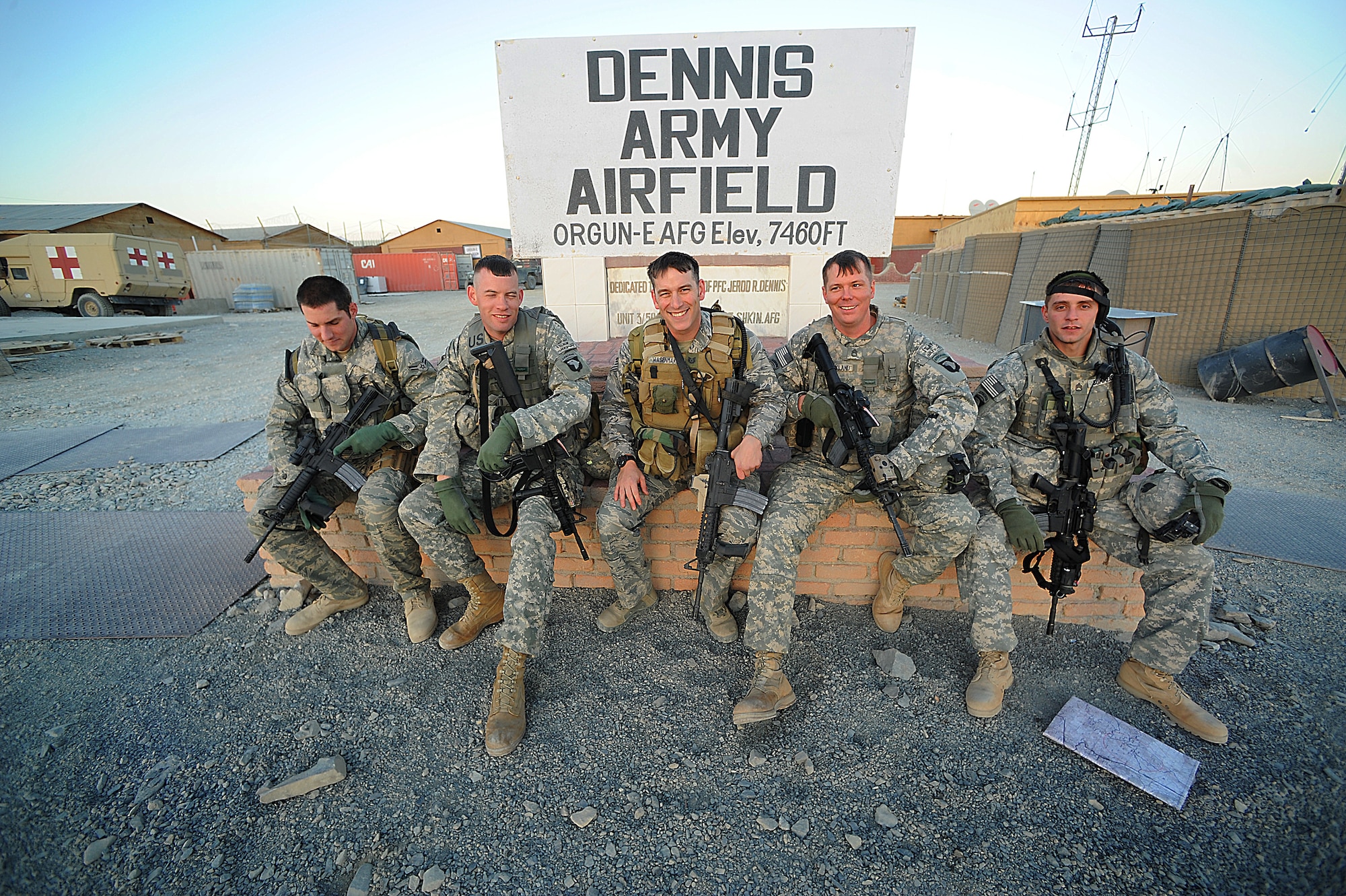 FORWARD OPERATING BASE ORGUN-E, Afghanistan --Tactical air control patrol members Airman 1st Class Eric Czachor (far left) and Tech. Sgt. Harvey Wagenmaker (center) sit with their Army comrades Staff Sgt. William Falin Sgt., 1st Class James Strickland, and Staff Sgt. Chris Summers recently at Forward Operating Base Orgun-E. TAC-Ps are responsible for planning, communicating and coordinating close-air support Army ground units. (U.S. Air Force photo/Staff Sgt. Aaron Allmon)
