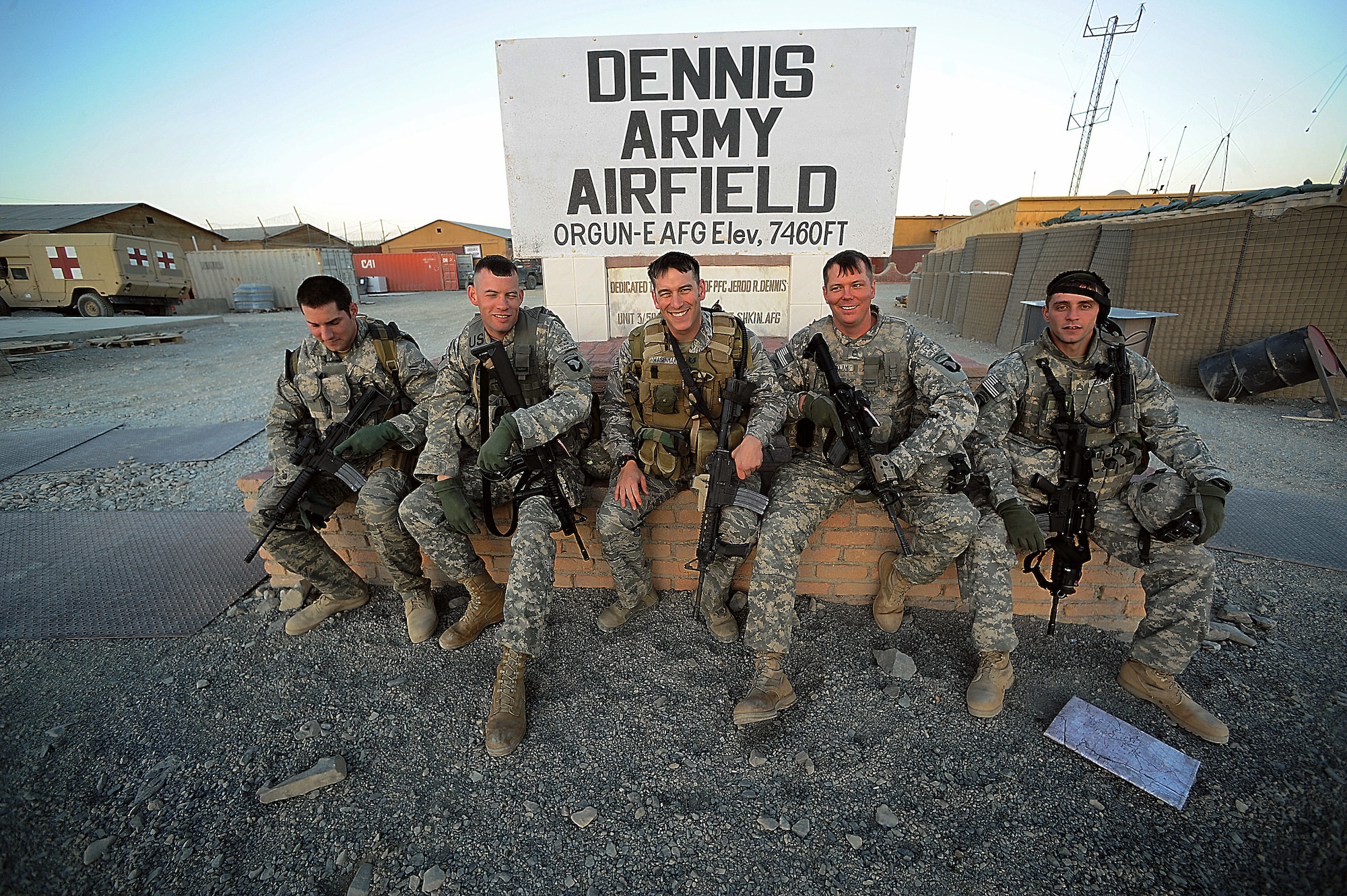 Tactical air control party members Airman 1st Class Eric Czachor (far left) and Tech. Sgt. Harvey Wagenmaker (center) sit with their Army comrades Staff Sgt. William Falin Sgt., 1st Class James Strickland, and Staff Sgt. Chris Summers at Forward Operating Base Orgun-E, Afghanistan. TACPs are responsible for planning, communicating and coordinating close-air support for Army ground units. (U.S. Air Force photo/Staff Sgt. Aaron Allmon)