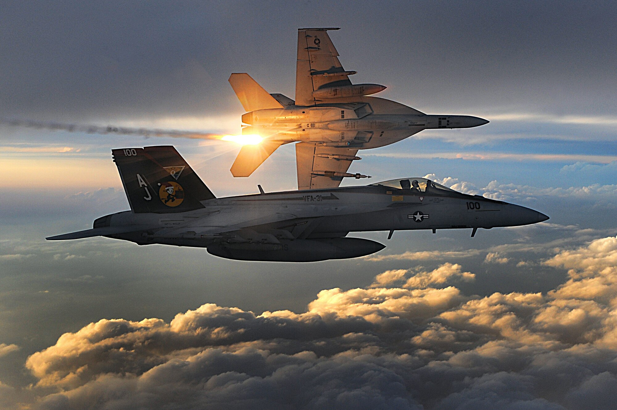 U.S. Navy F/A-18 Super Hornets deploy heat flares during a combat patrol over Afghanistan Dec. 15. Trust between joint terminal attack controllers and pilots serves as an important aspect of close-air support. (U.S. Air Force photo/Staff Sgt. Aaron Allmon) 
