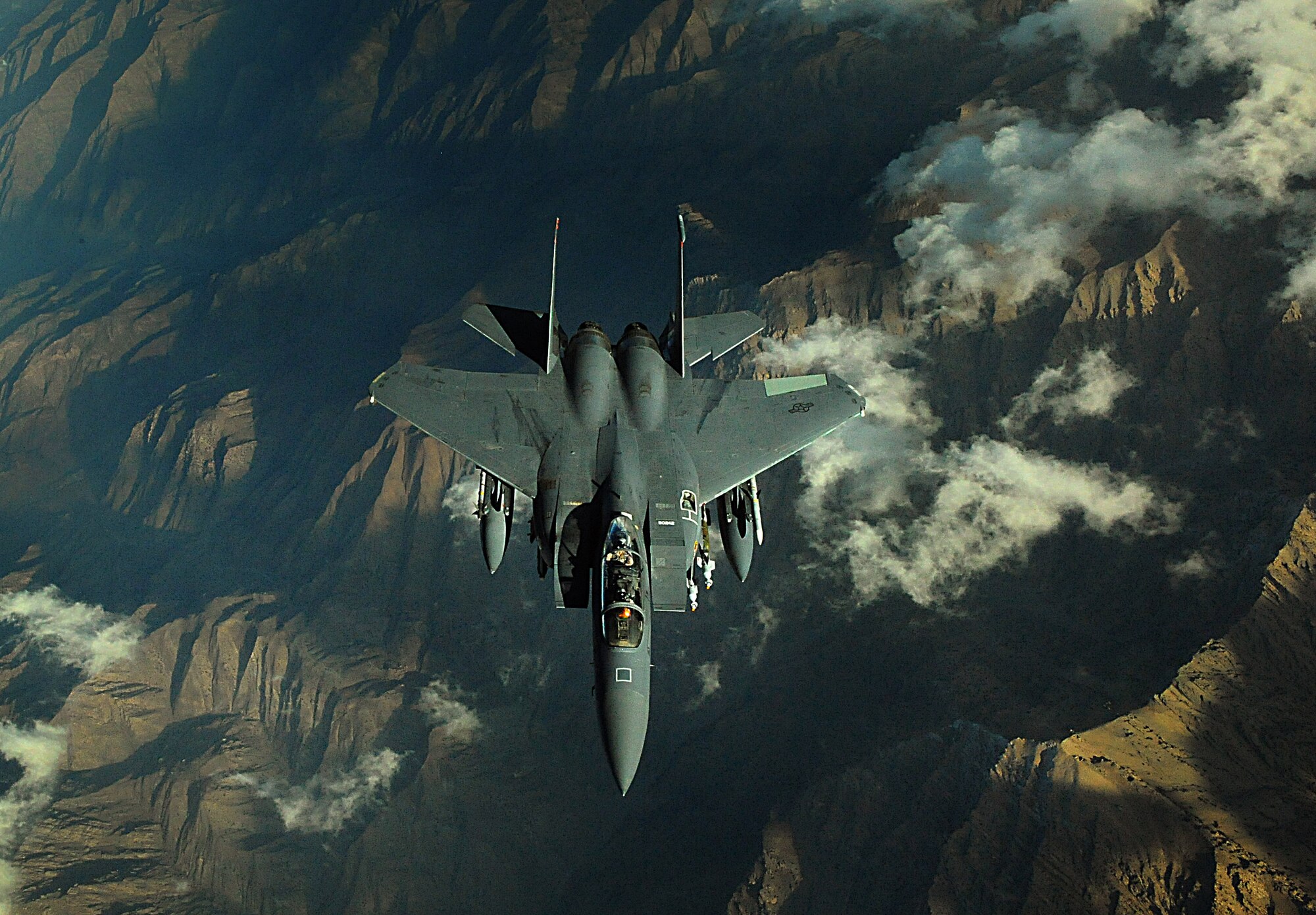 An F-15E Strike Eagle soars over Afghanistan providing close-air support and armed aerial overwatch to deter enemy activities. The Strike Eagle is a dual-role fighter designed to perform air-to-air and air-to-ground missions. (U.S. Air Force photo/Staff Sgt. Aaron Allmon)  

