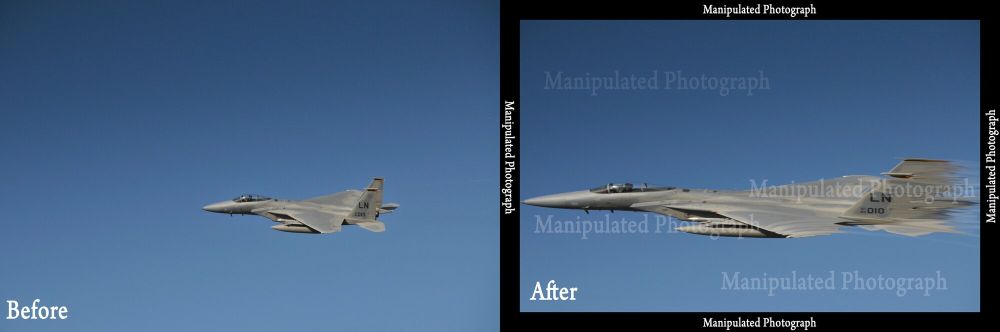 The F-15C was stretched and a blur was added to the tail to show speed. This photo illustration clearly depicts photo manipulation.  (U.S. Air Force photo illustration by Airman 1st Class Perry Aston) 
