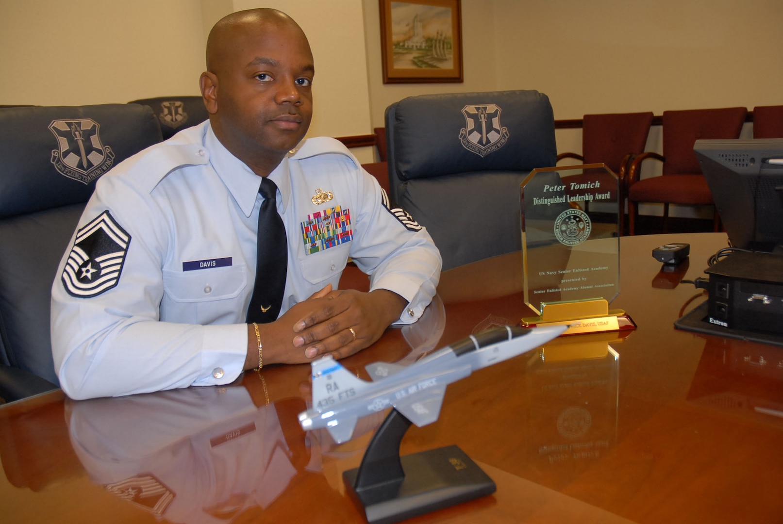 Senior Master Sgt. Renwick Davis recently completed a six-week U.S. Navy Senior Enlisted Academy in Rhode Island. One of just a handful of Air Force participants, Sergeant Davis was voted by his peers as best-in-class and received the coveted Peter Tomich Leadership Award. (U.S. Air Force photo by Thomas Warner)